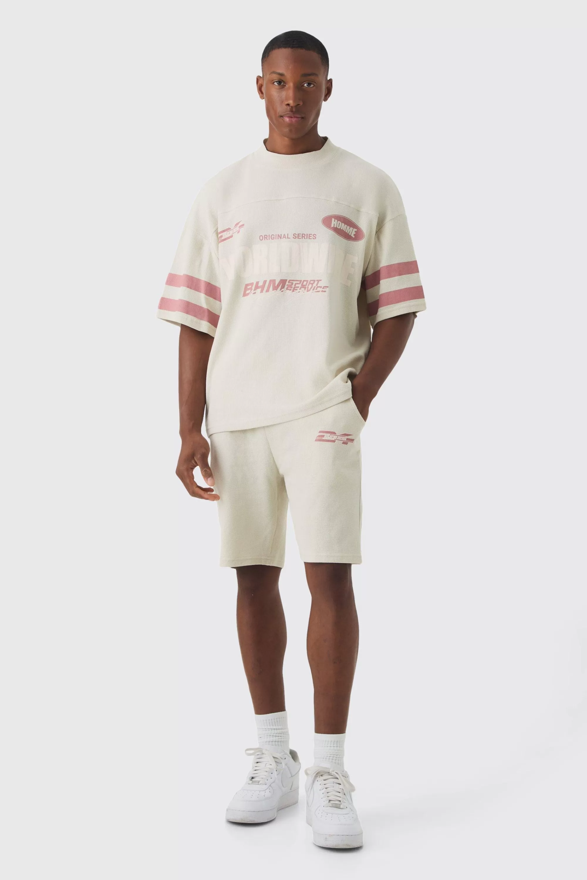 boohooMAN Boxy Waffle Worldwide T-shirt & Short Set | UK