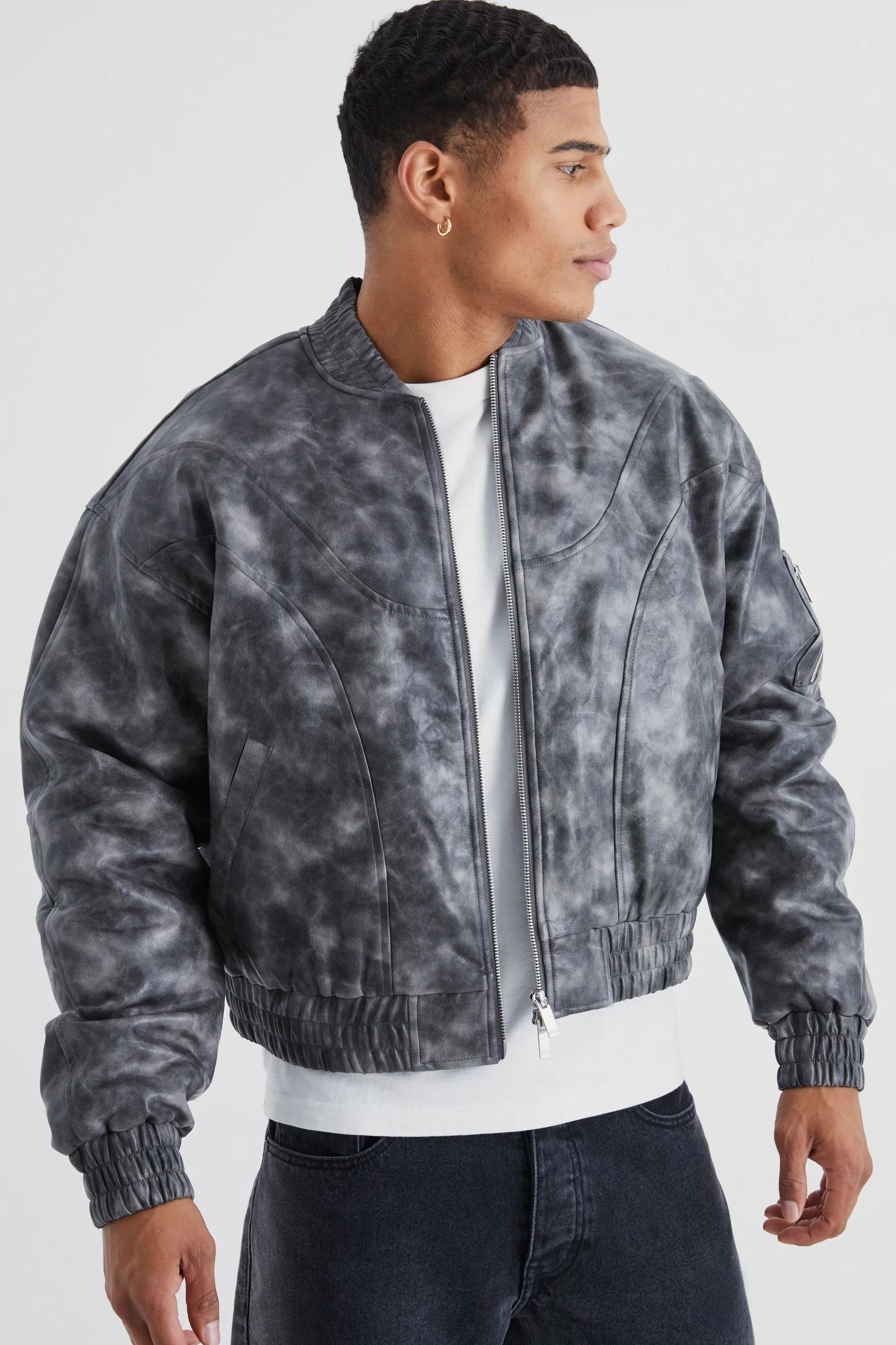 boohooMAN Boxy Washed Pu Seam Detail Padded Bomber | UK