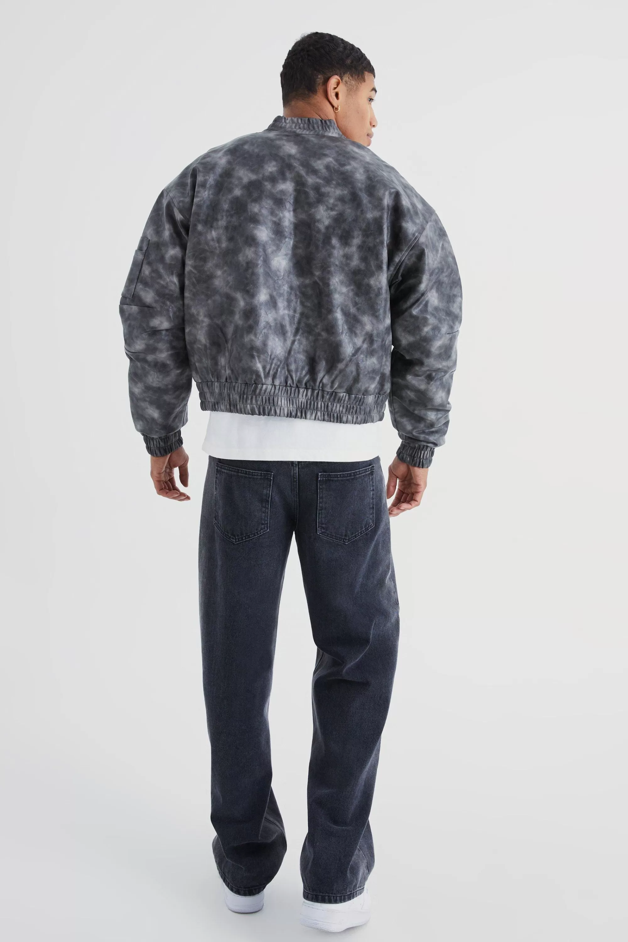 boohooMAN Boxy Washed Pu Seam Detail Padded Bomber | UK