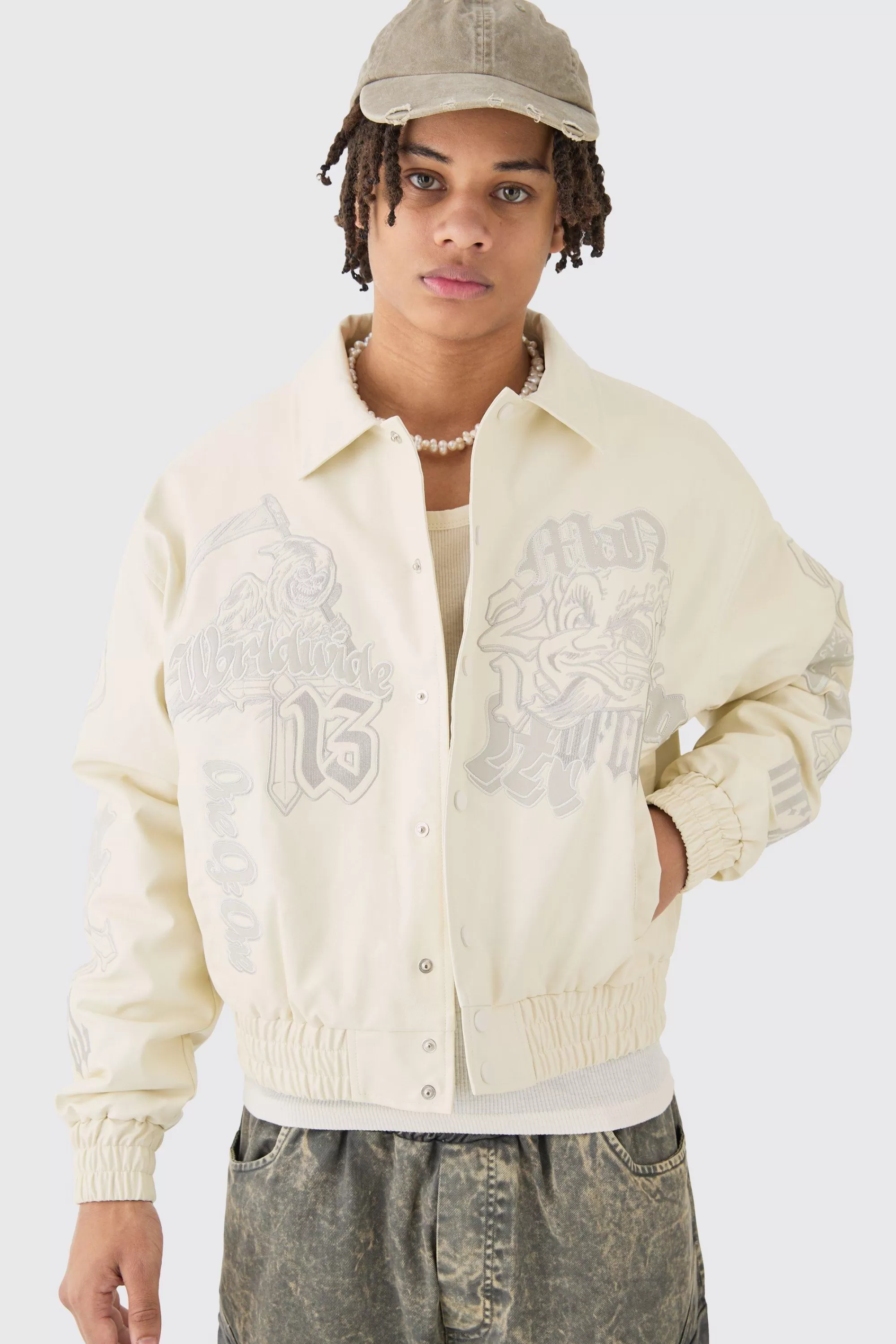 boohooMAN Boxy Worldwide Tonal Badge Collared Bomber In | UK
