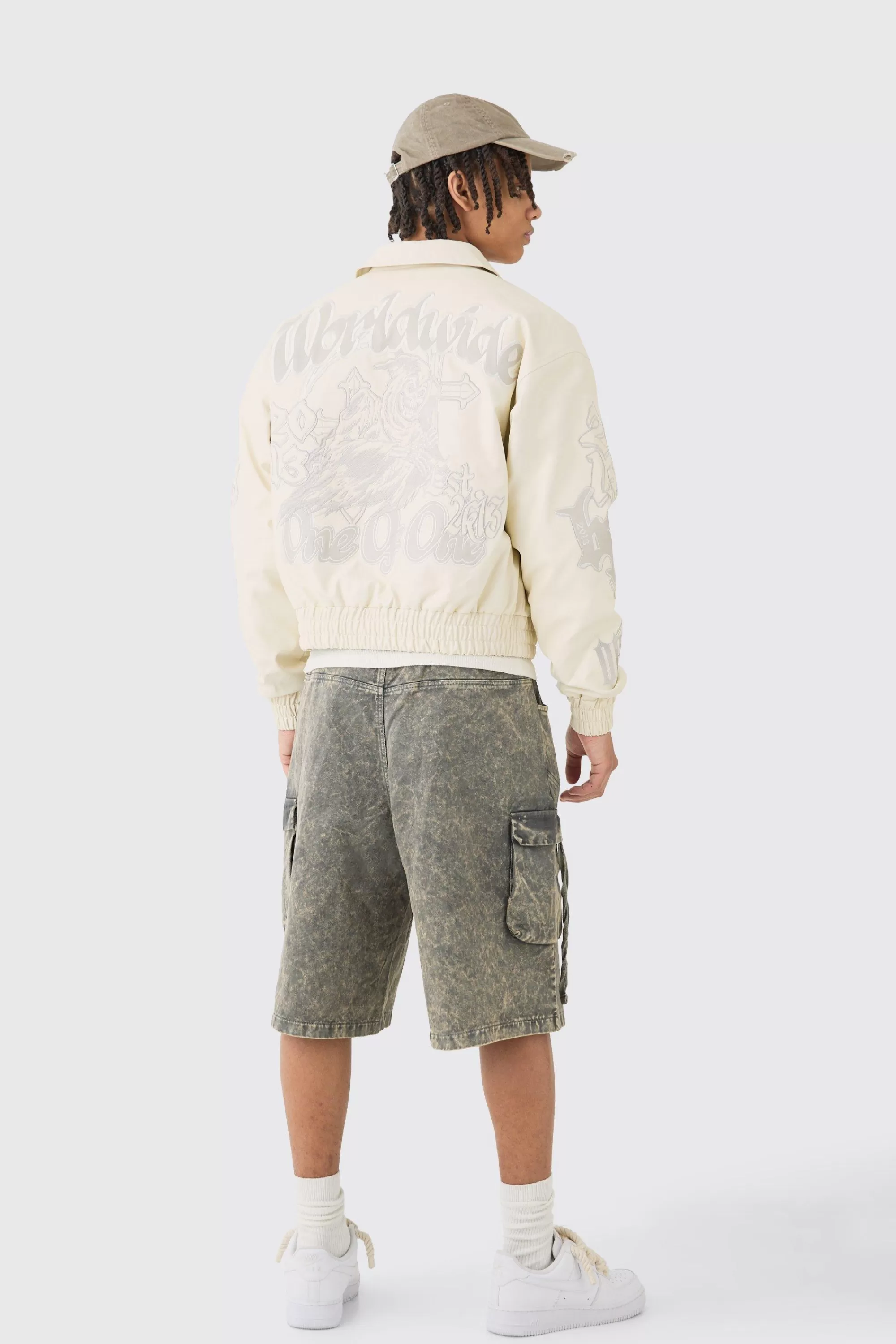 boohooMAN Boxy Worldwide Tonal Badge Collared Bomber In | UK