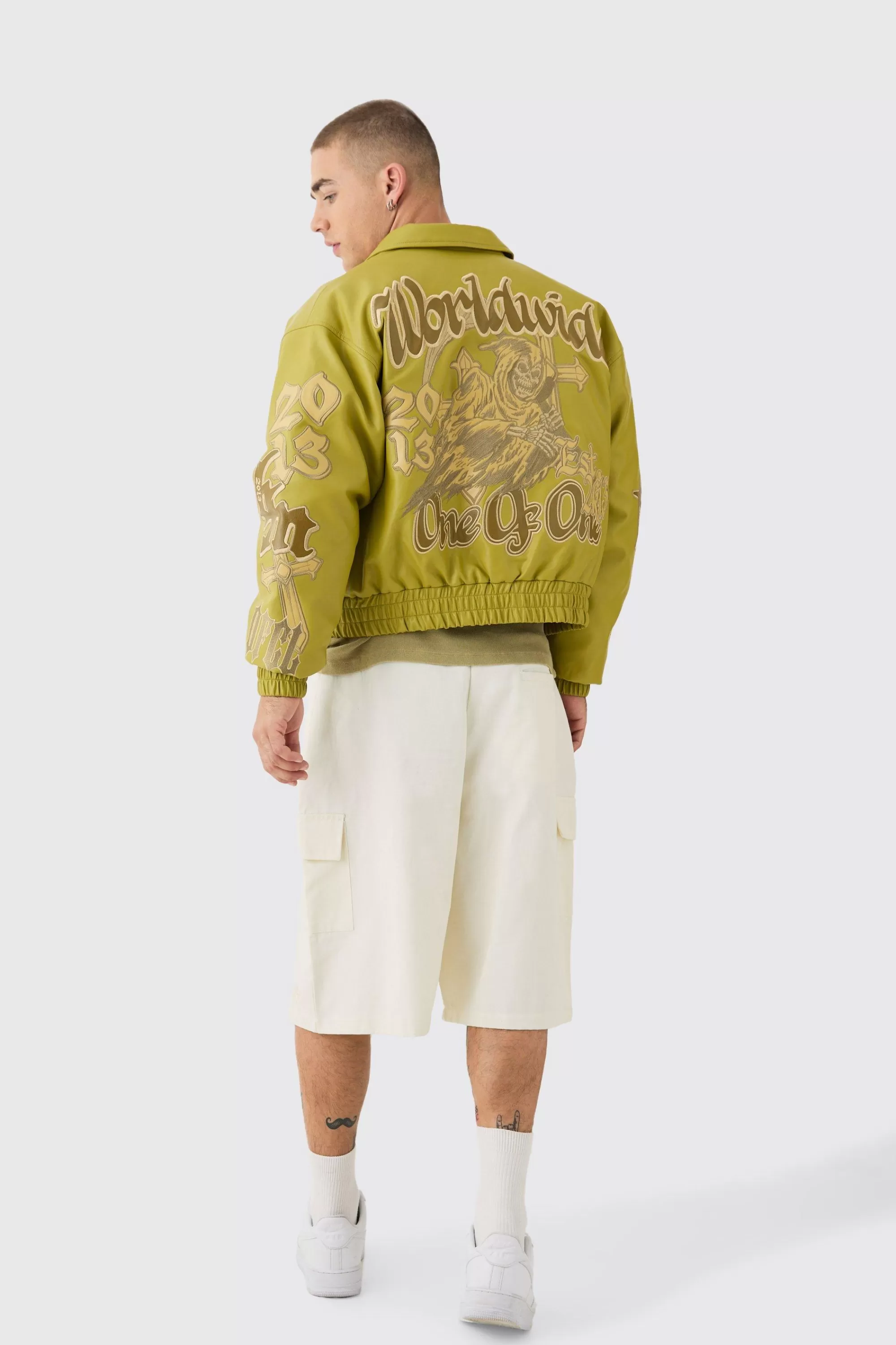 boohooMAN Boxy Worldwide Tonal Collared Bomber In | UK