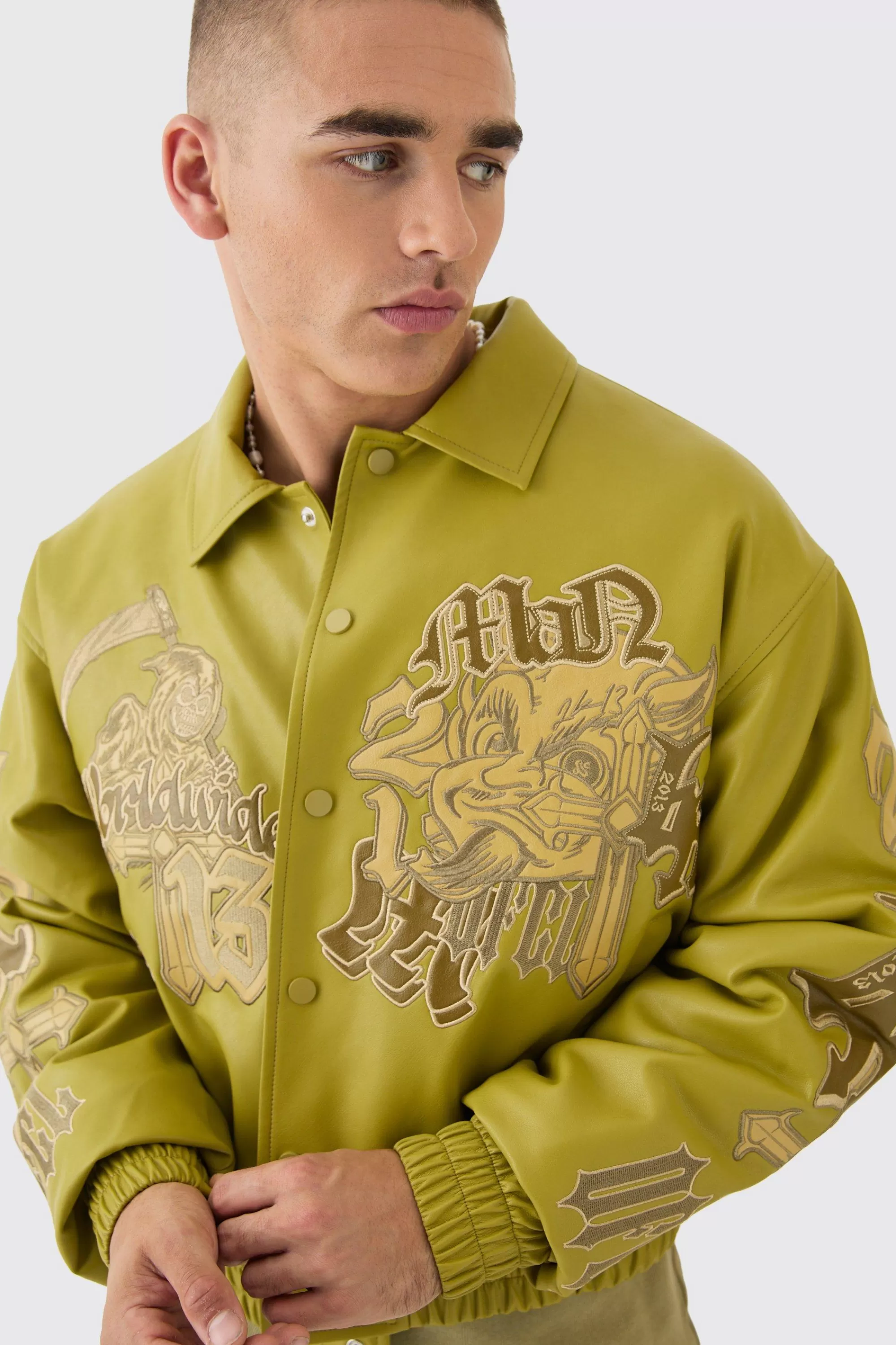 boohooMAN Boxy Worldwide Tonal Collared Bomber In | UK