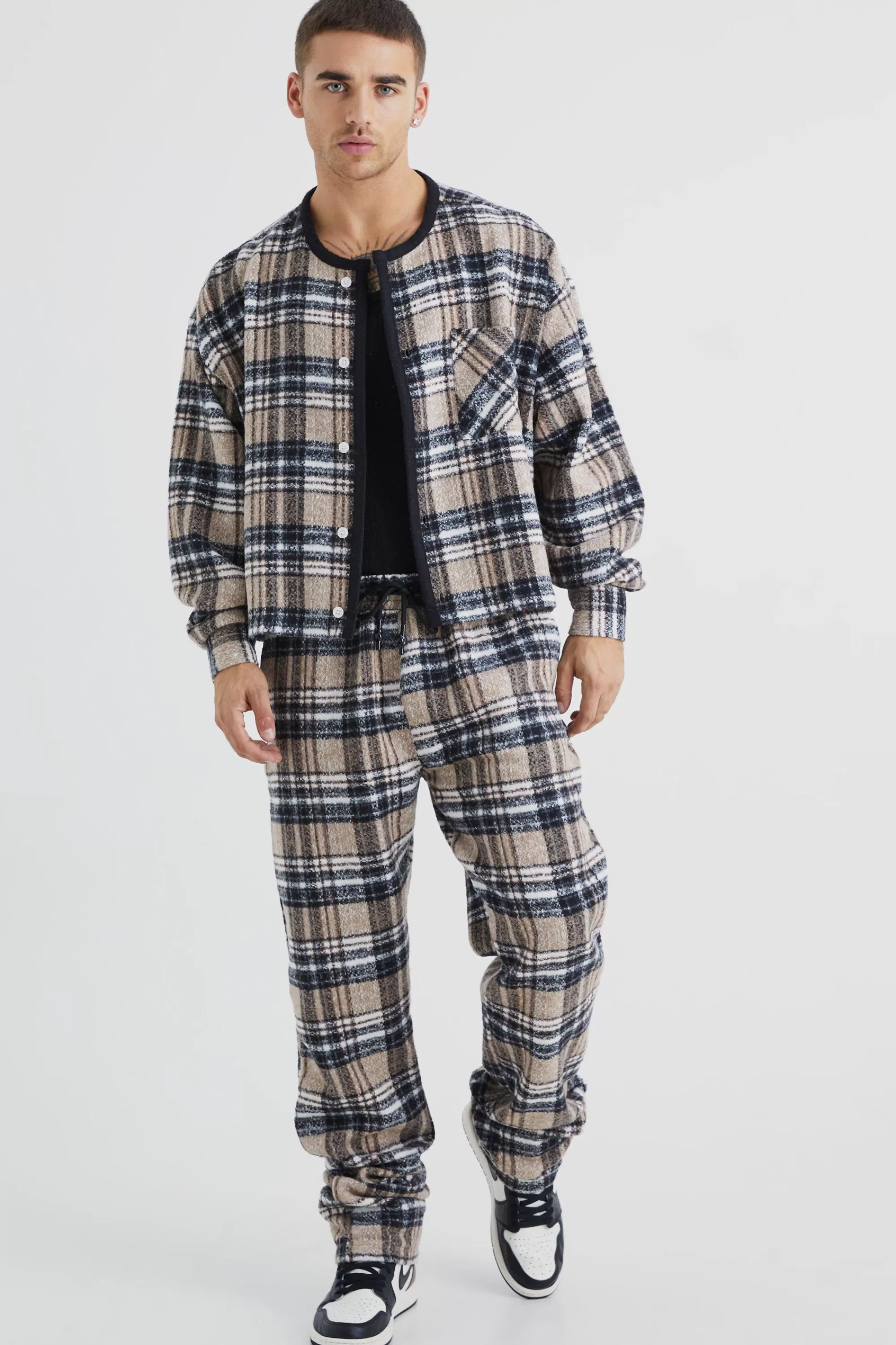 boohooMAN Brushed Check Boxy Bomber Jacket & Straight Leg Trouser | UK