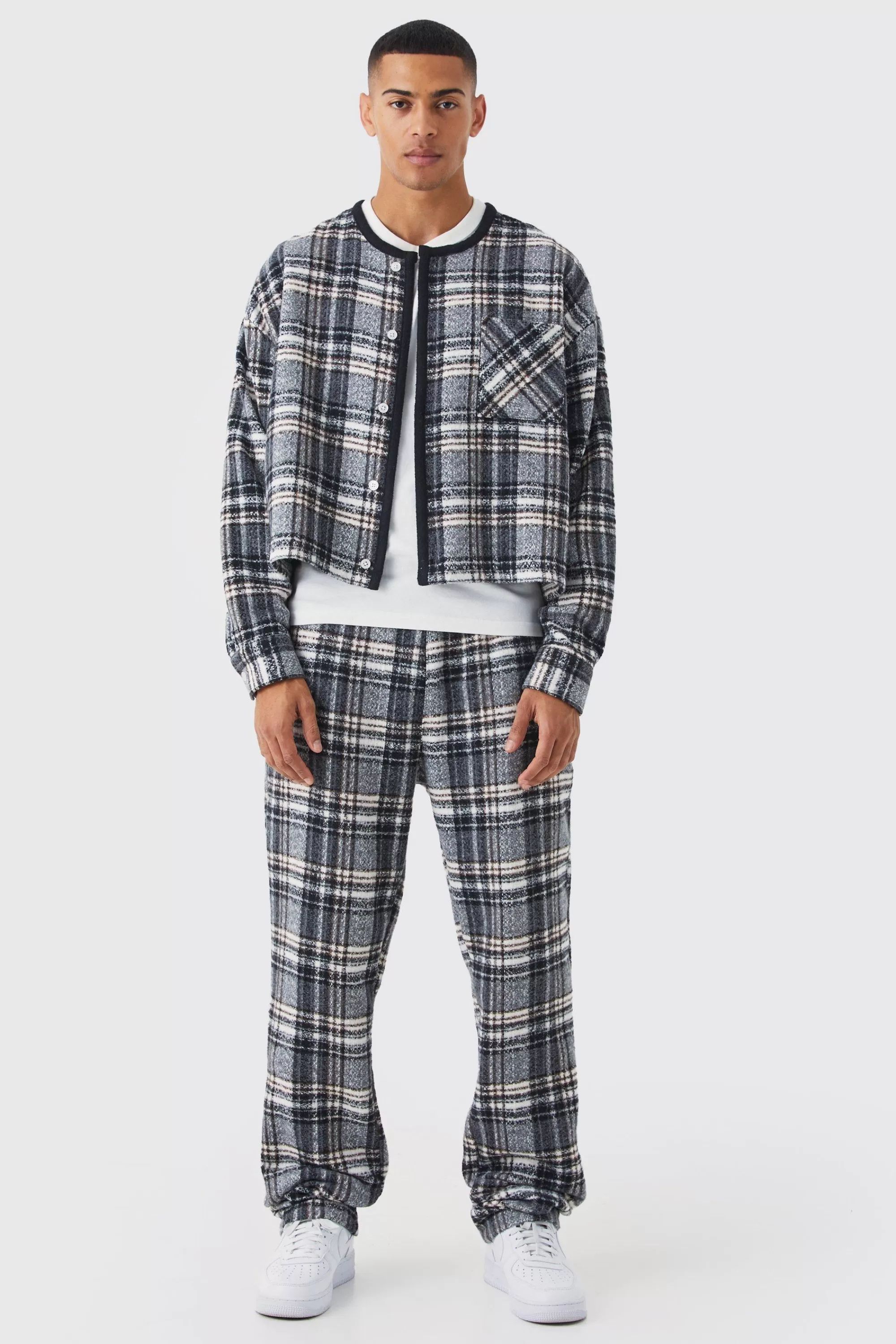 boohooMAN Brushed Check Boxy Bomber Jacket & Straight Leg Trouser | UK