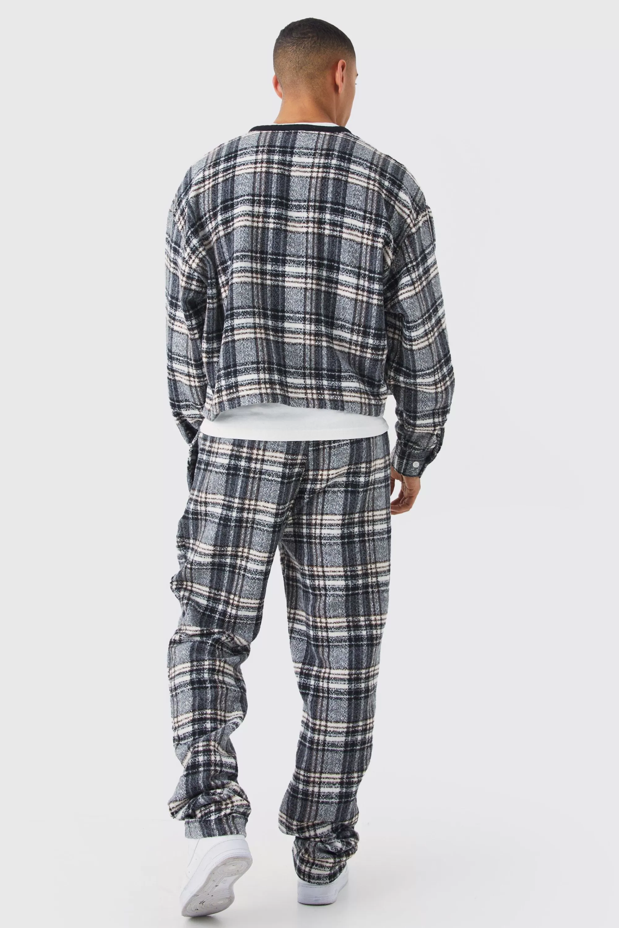 boohooMAN Brushed Check Boxy Bomber Jacket & Straight Leg Trouser | UK