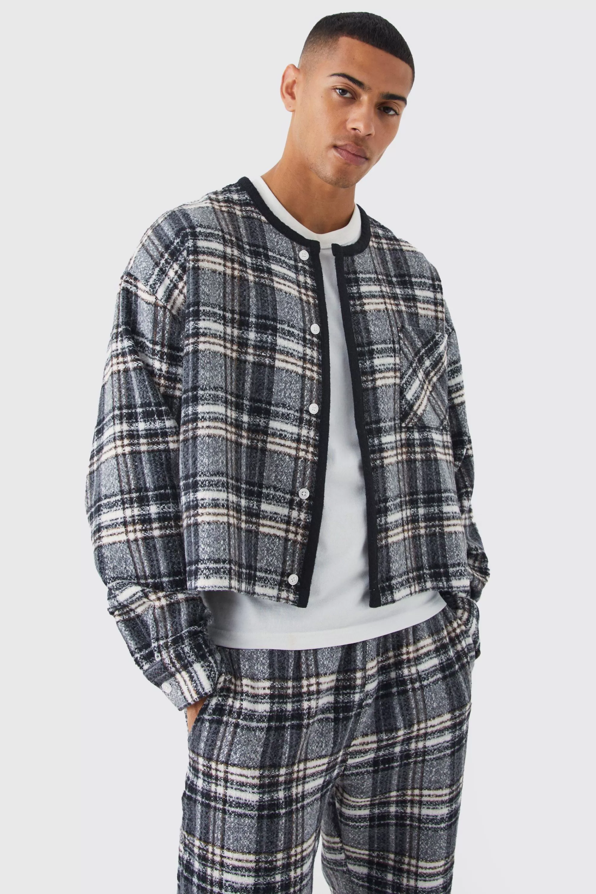 boohooMAN Brushed Check Boxy Bomber Jacket & Straight Leg Trouser | UK