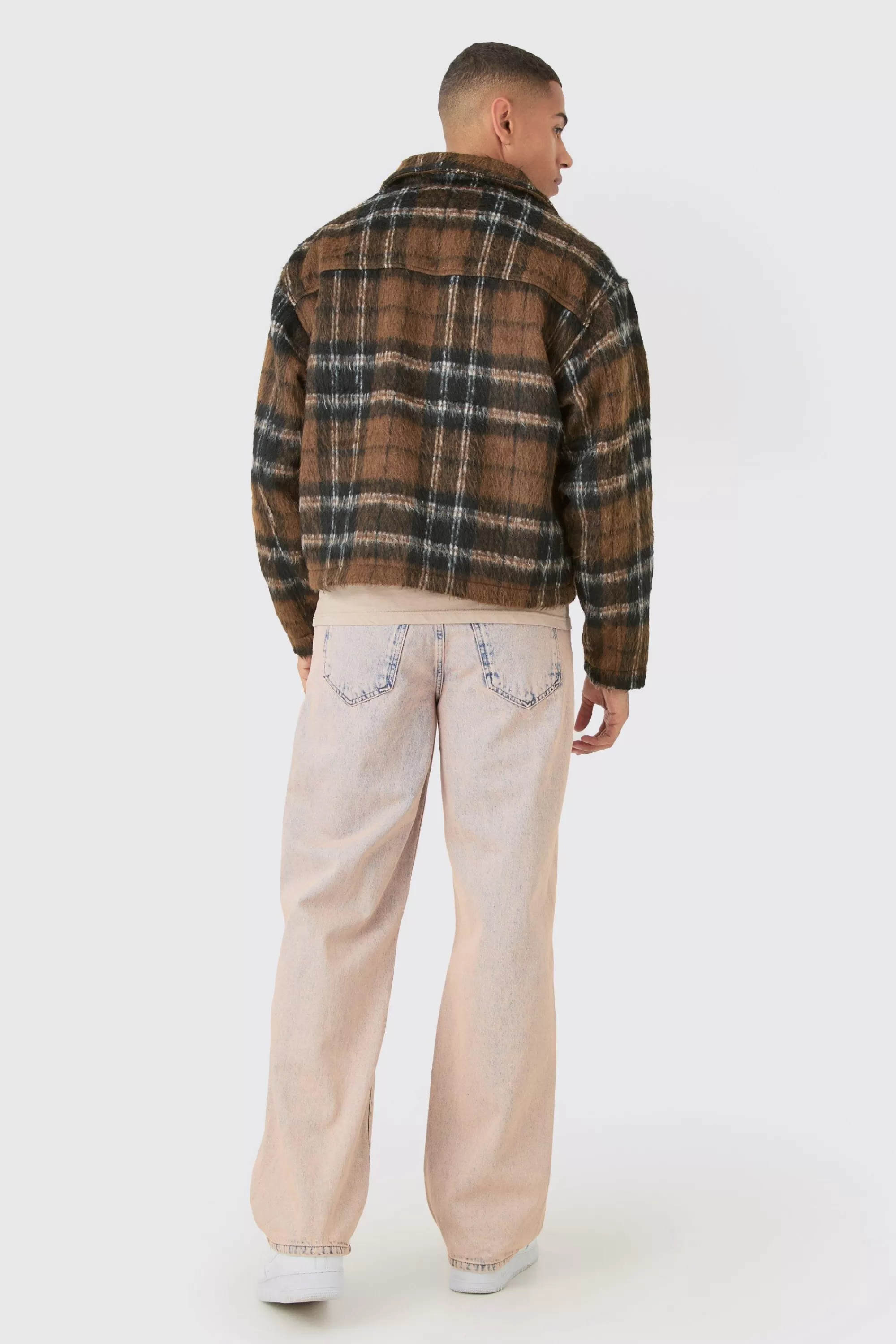 boohooMAN Brushed Check Collared Harrington Jacket In | UK