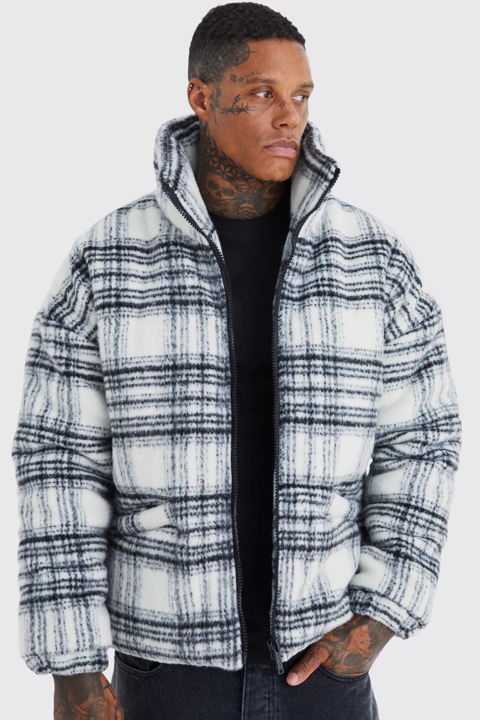 boohooMAN Brushed Check Funnel Neck Puffer | UK