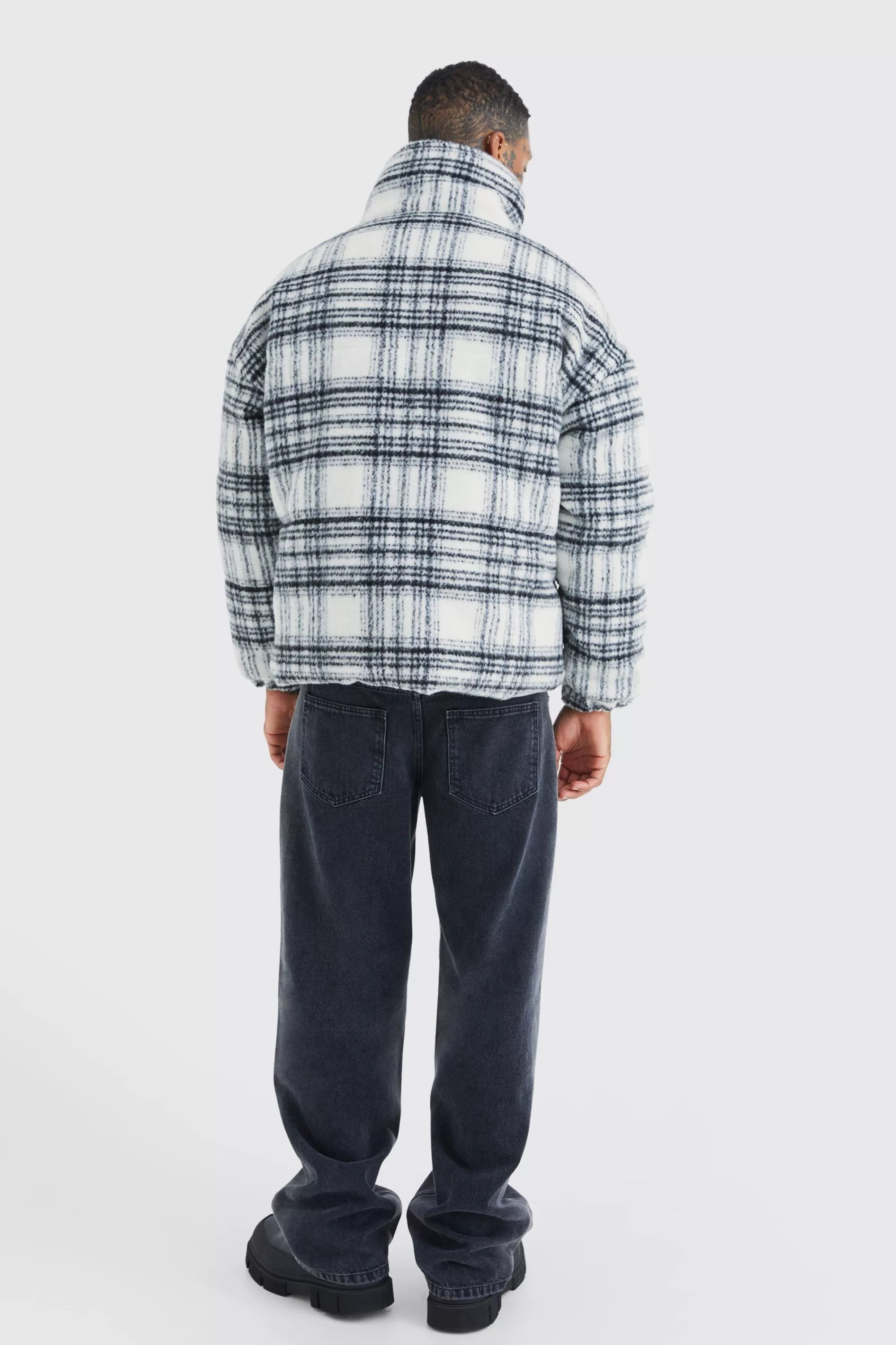 boohooMAN Brushed Check Funnel Neck Puffer | UK