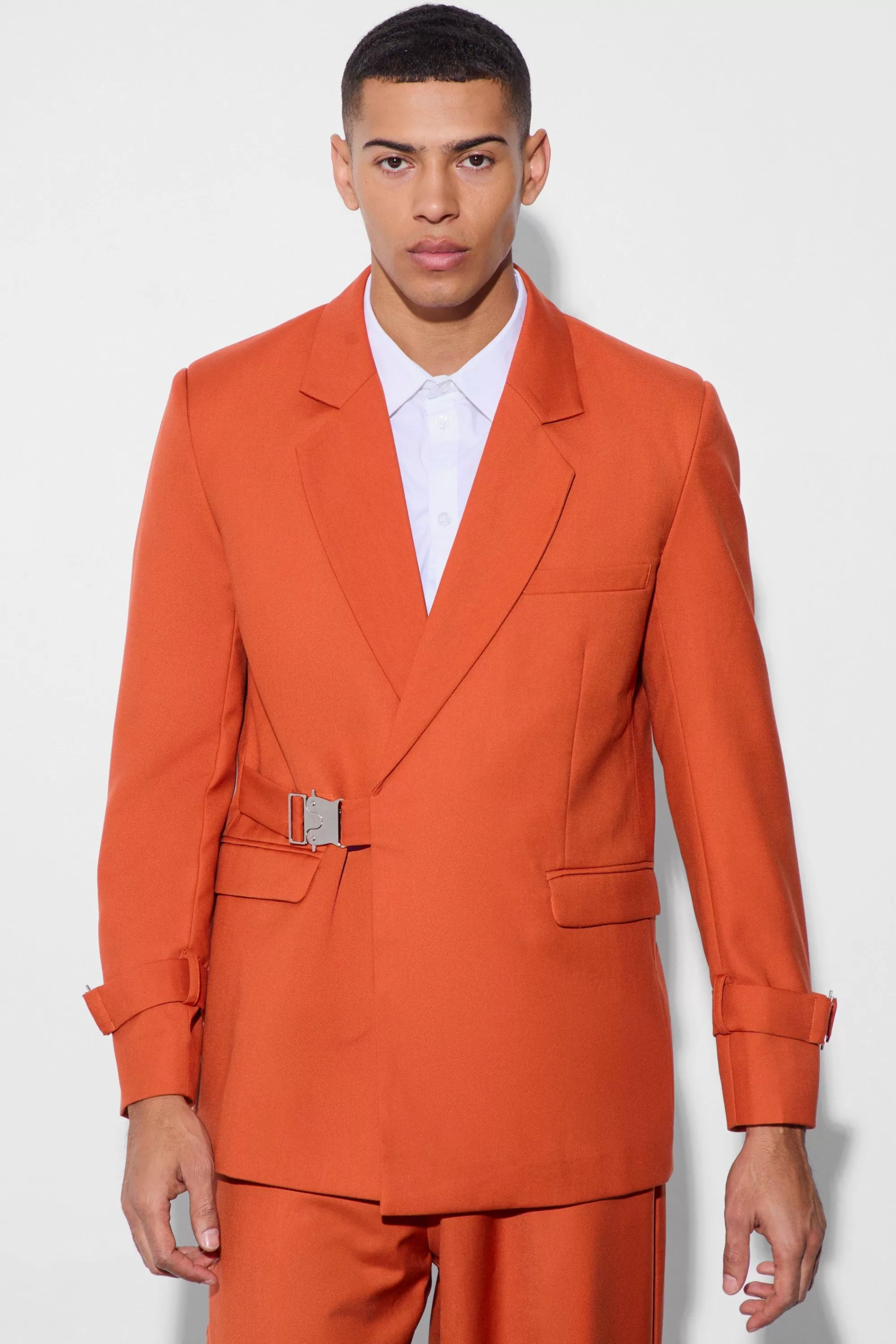 boohooMAN Buckle Chest & Cuff Relaxed Fit Suit Jacket | UK