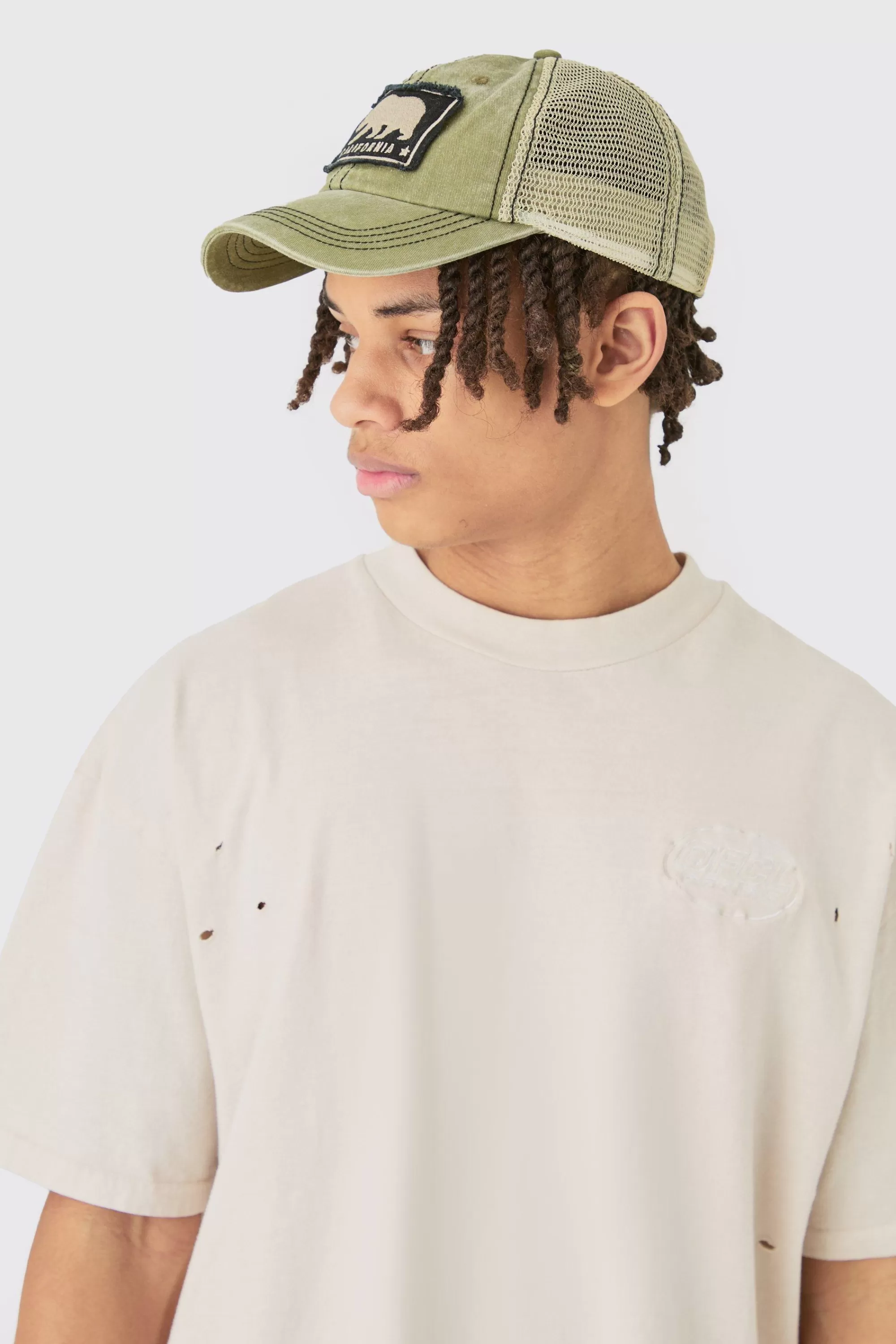 boohooMAN California Trucker Cap In Khaki | UK