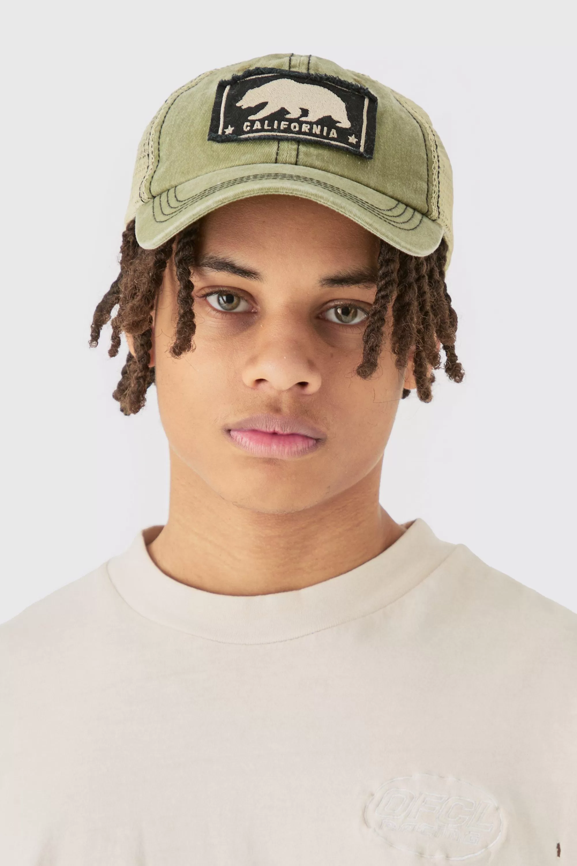 boohooMAN California Trucker Cap In Khaki | UK