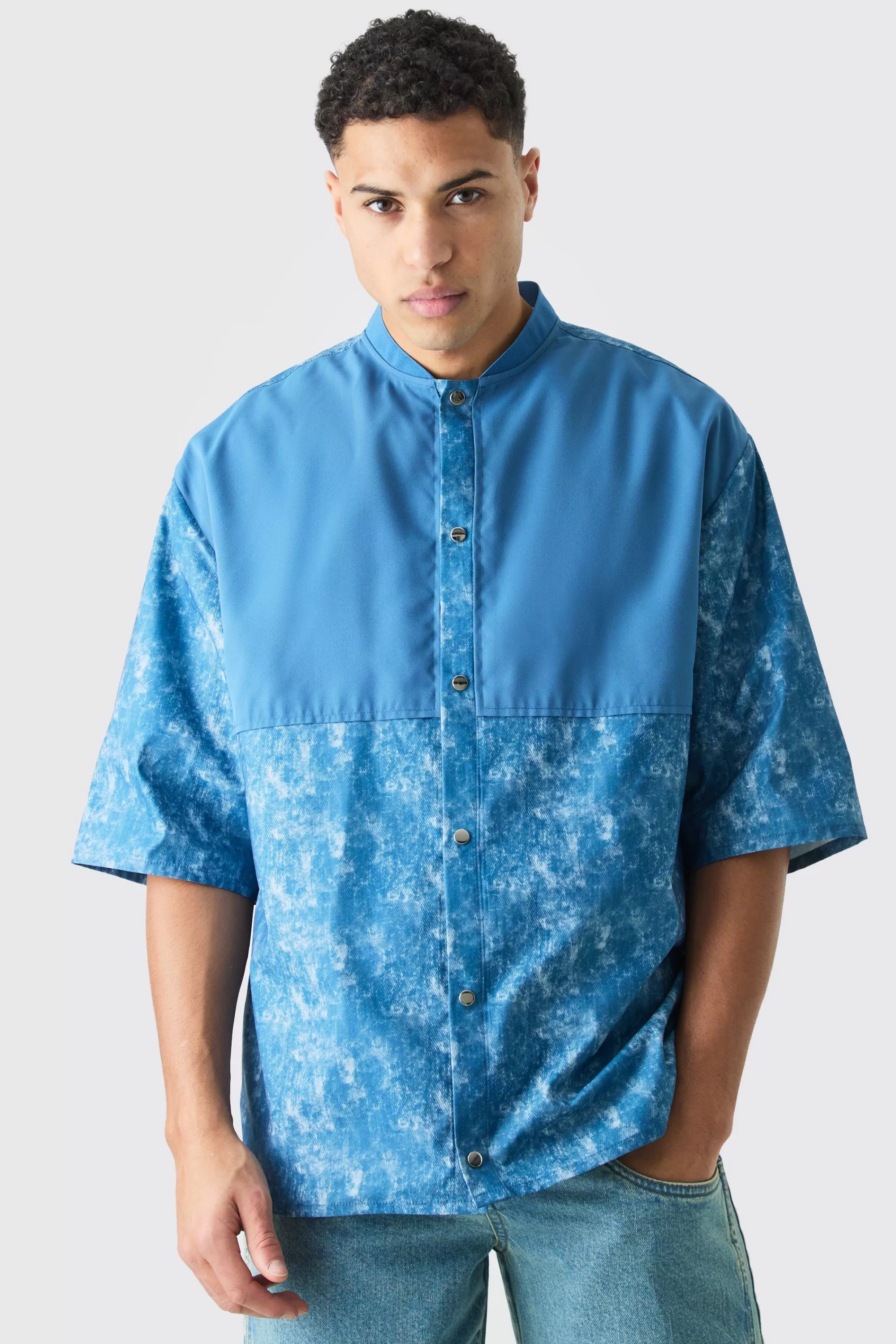 boohooMAN Camo Dropped Shoulder Ribbed Neck Shirt | UK
