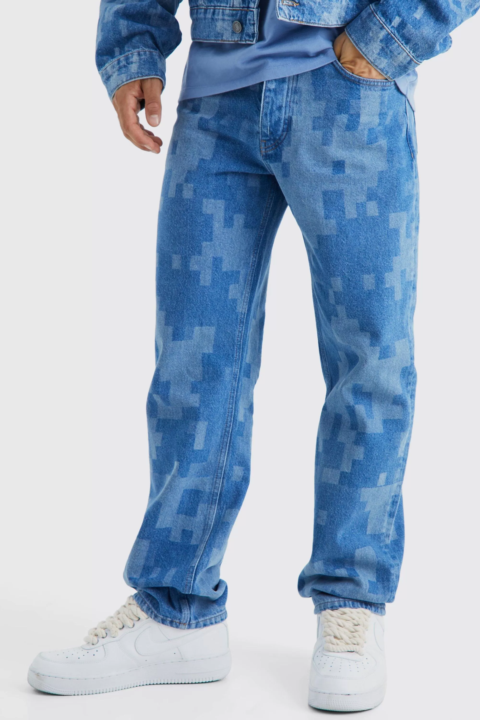 boohooMAN Camo Print Denim Jacket And Jeans Set | UK