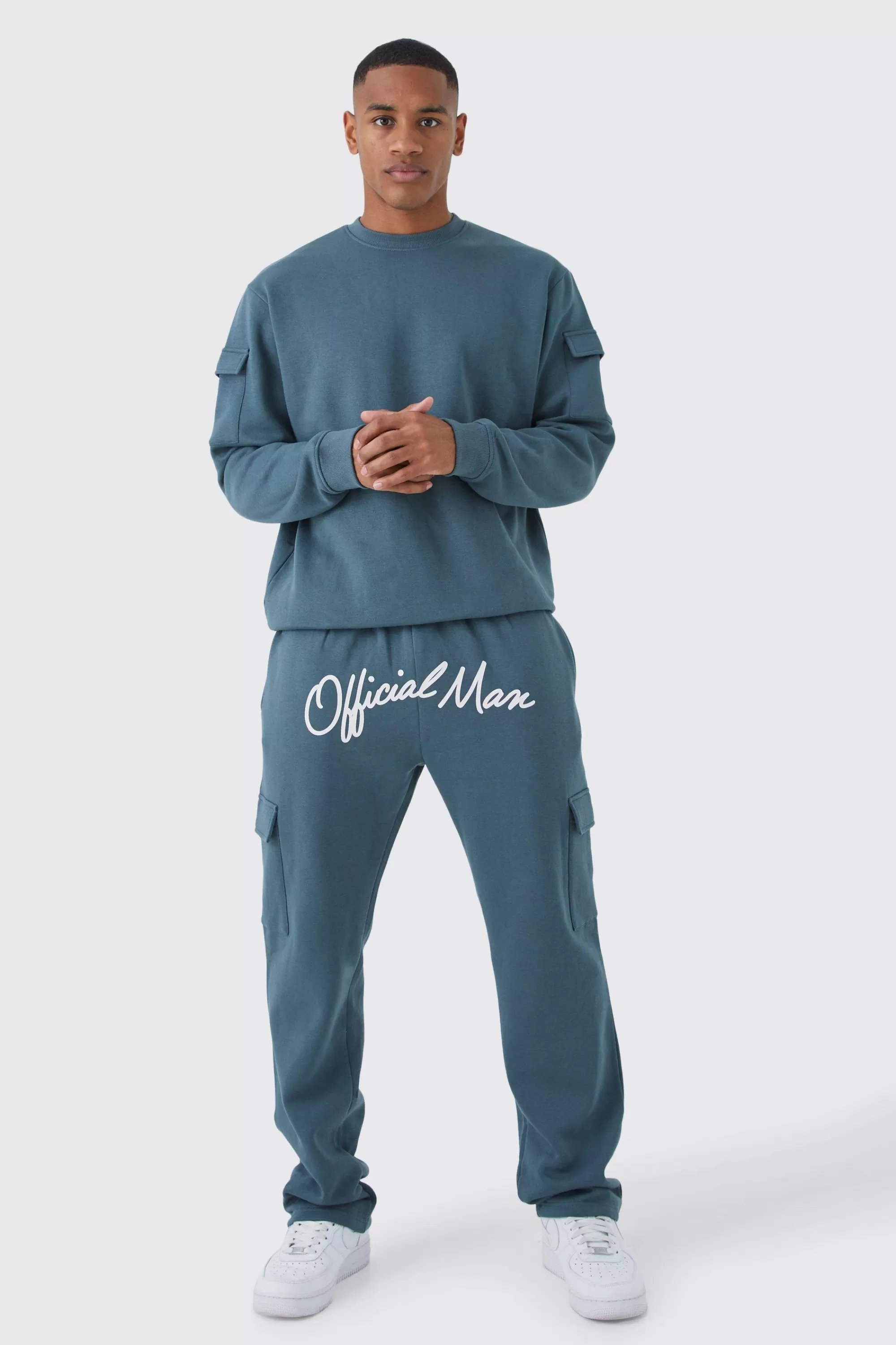 boohooMAN Cargo Pocket Crotch Sweatshirt & Jogger Set | UK
