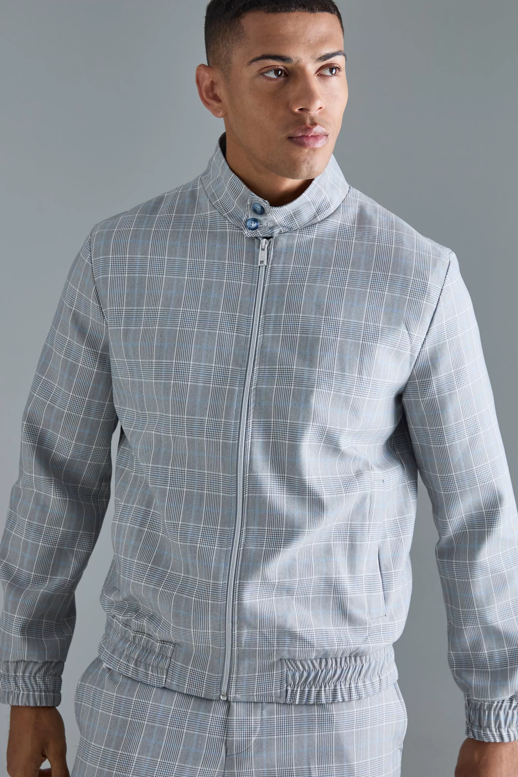 boohooMAN Check High Neck Zip Up Smart Bomber Jacket | UK
