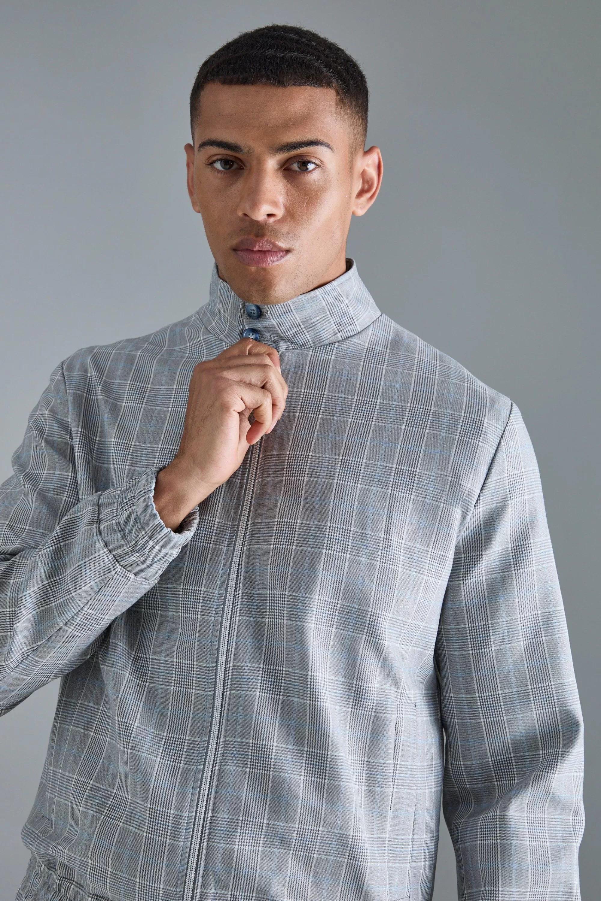 boohooMAN Check High Neck Zip Up Smart Bomber Jacket | UK