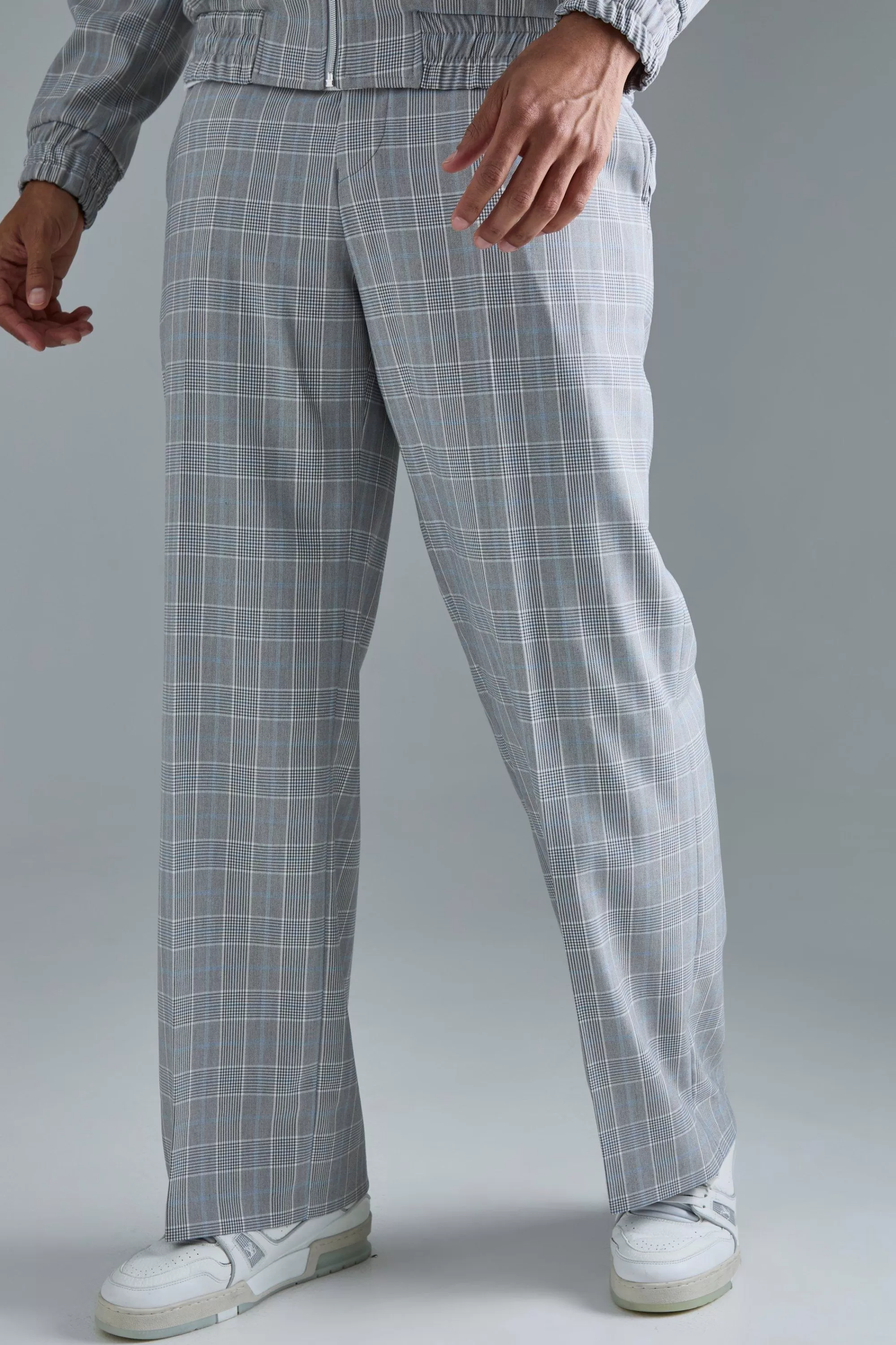 boohooMAN Check Tailored Wide Leg Trousers | UK