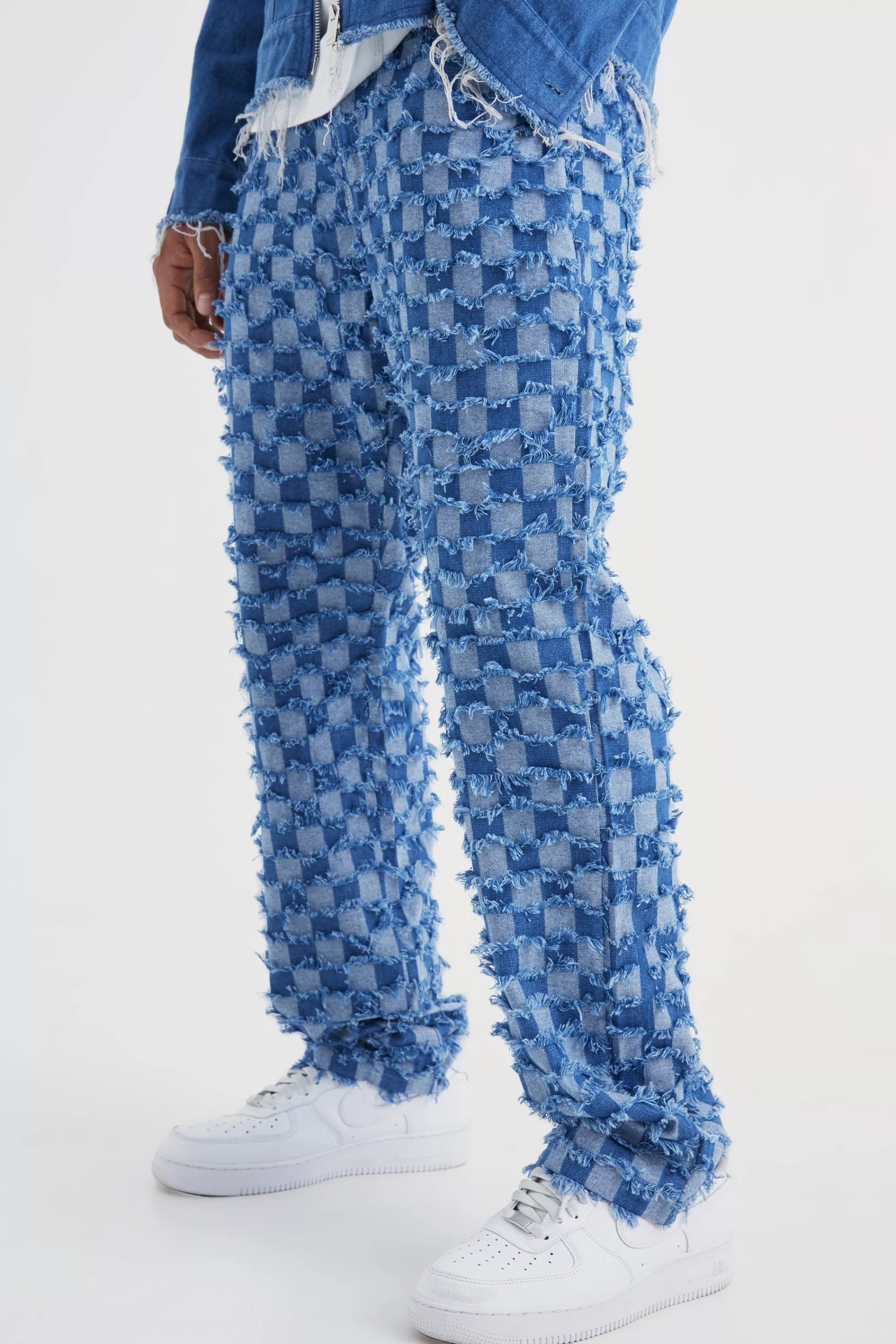 boohooMAN Checkerboard Denim Jacket And Jeans Set | UK