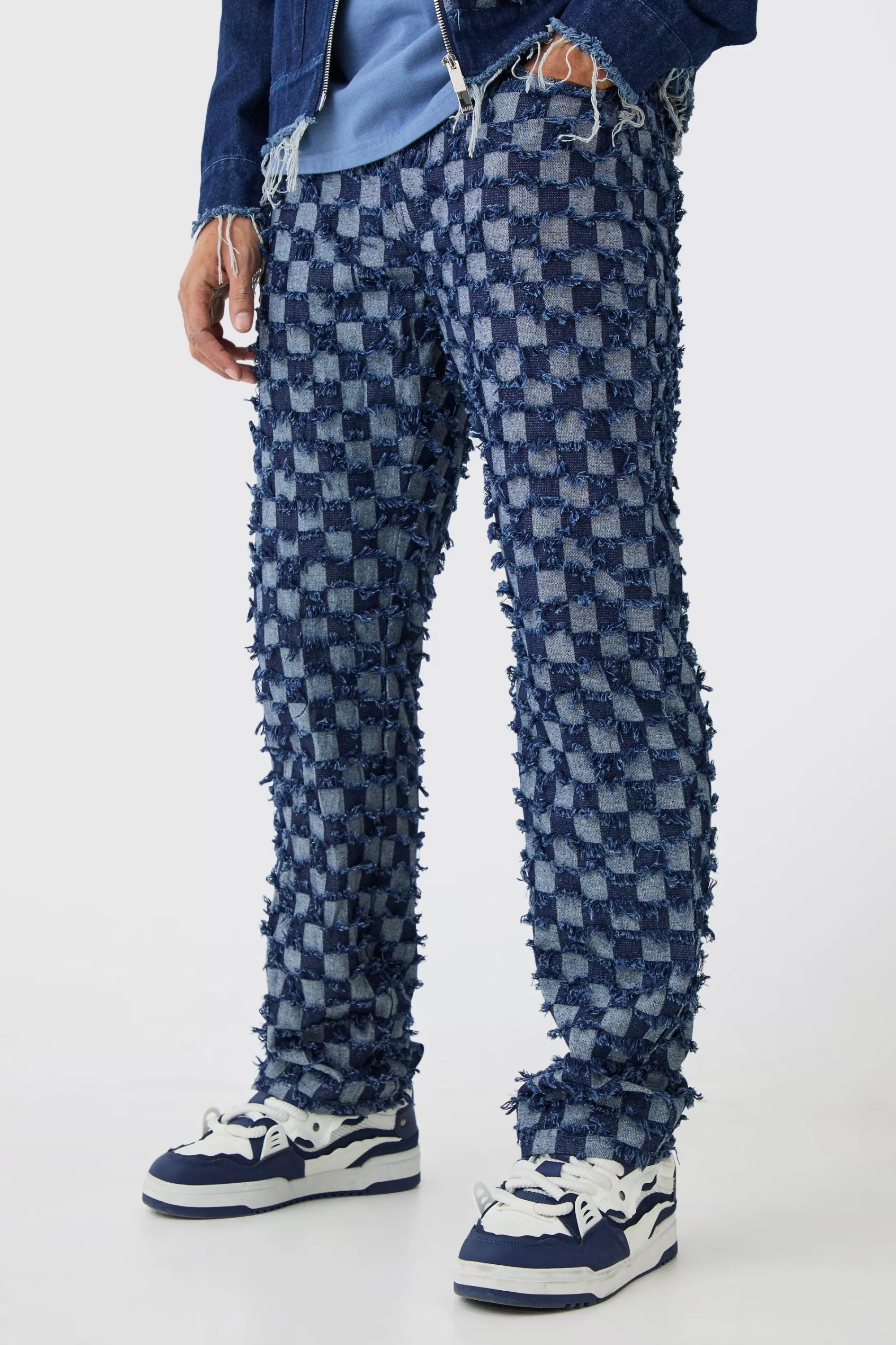 boohooMAN Checkerboard Denim Jacket And Jeans Set | UK