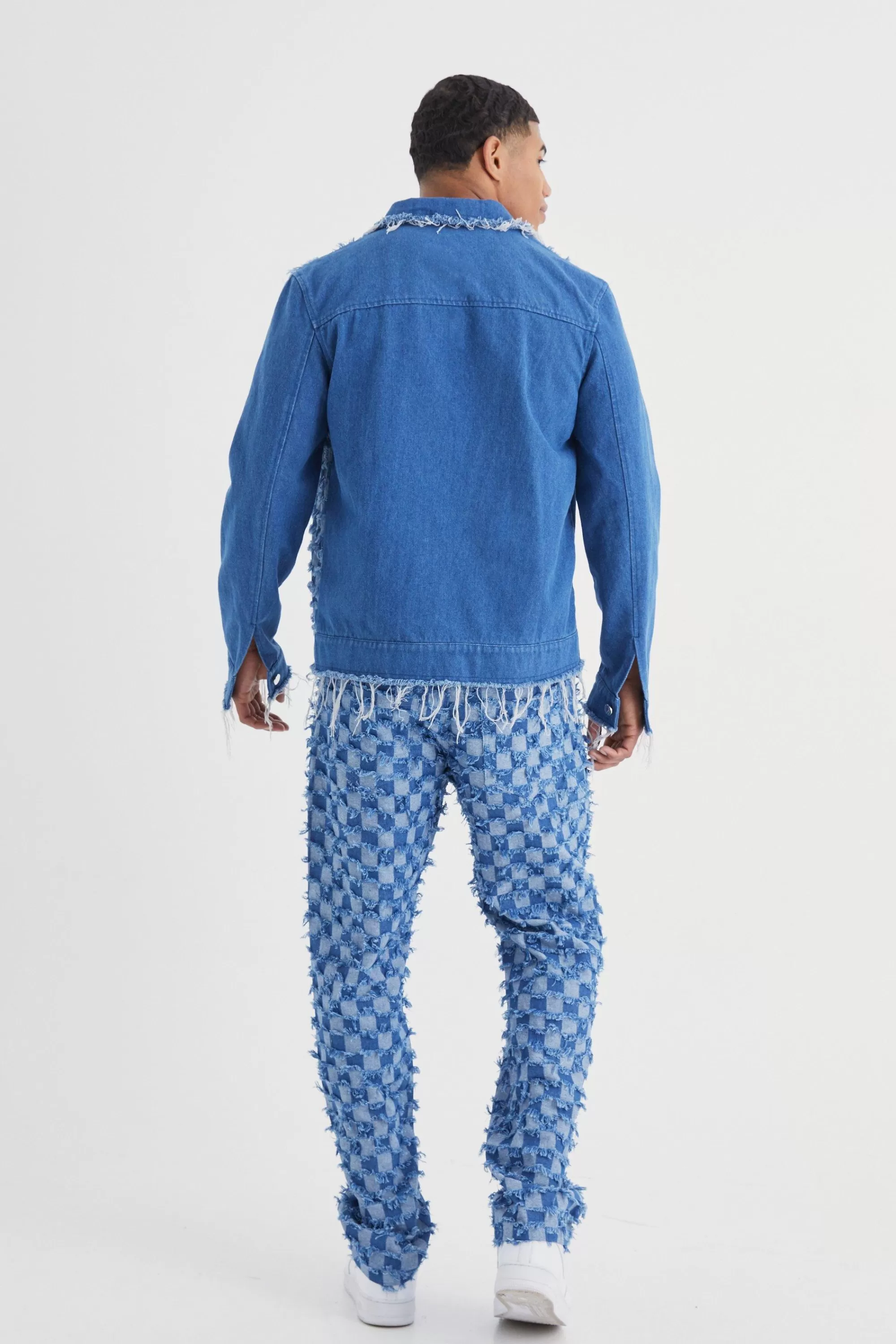 boohooMAN Checkerboard Denim Jacket And Jeans Set | UK