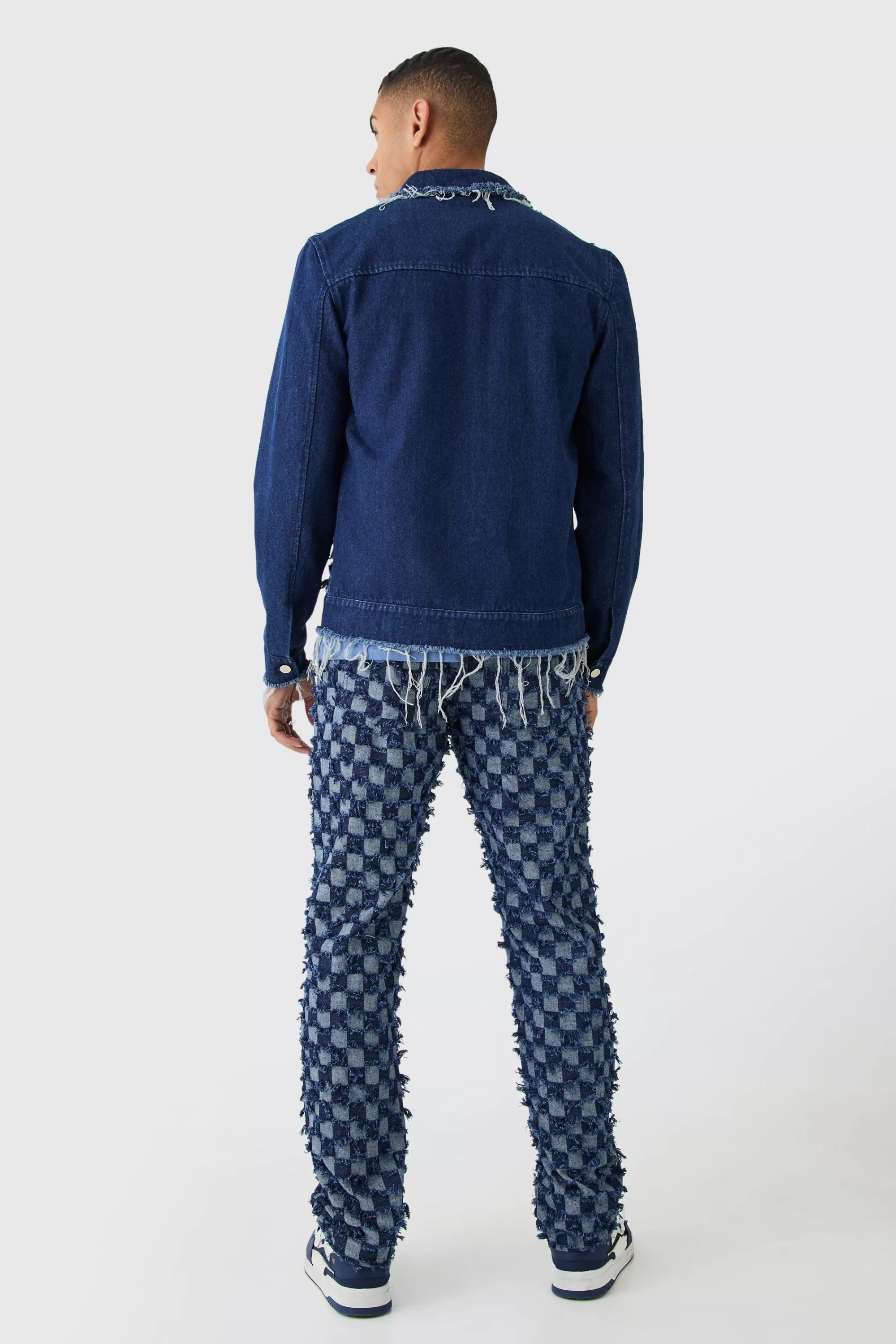 boohooMAN Checkerboard Denim Jacket And Jeans Set | UK