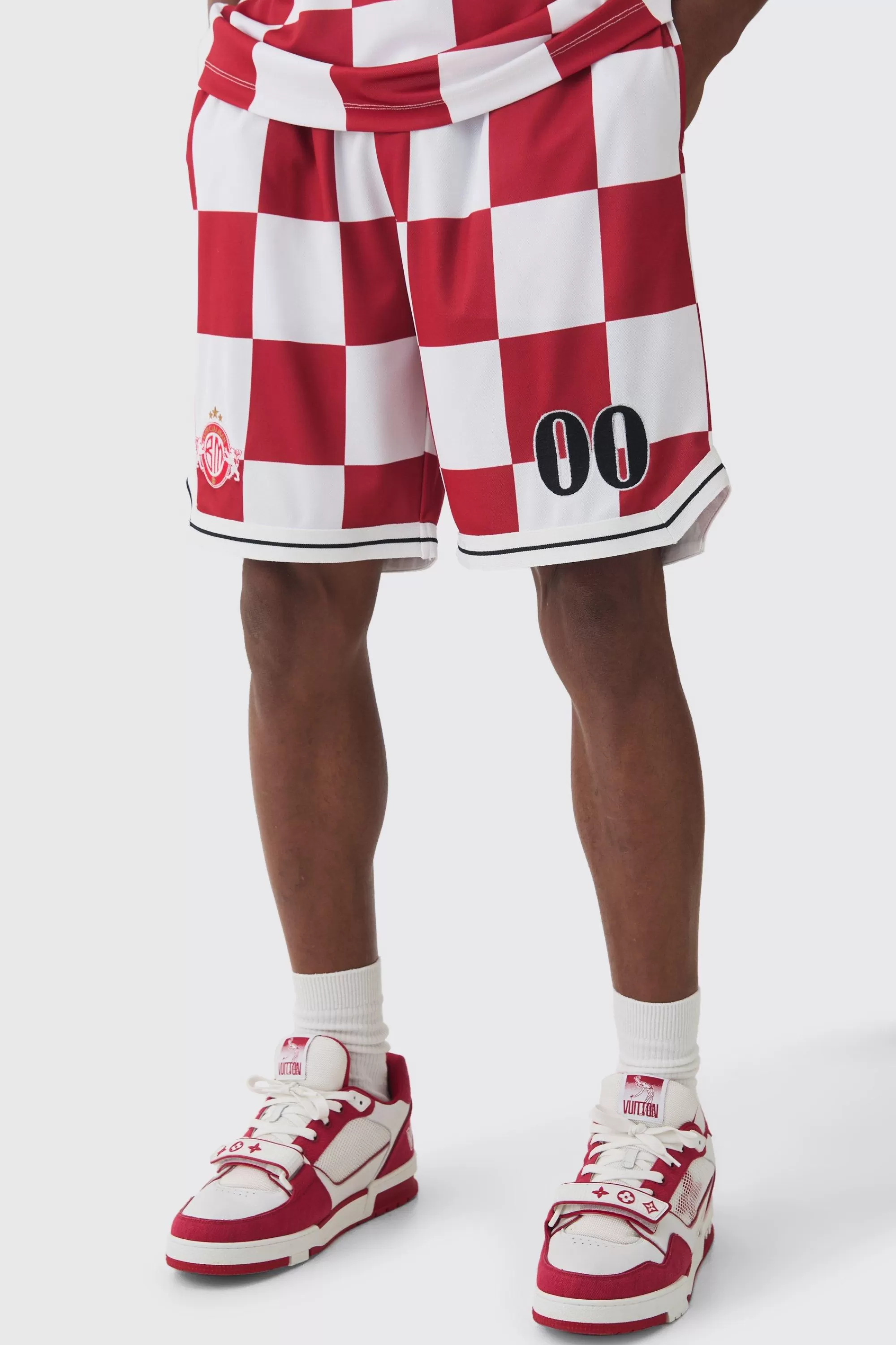 boohooMAN Checkerboard Embroide Pique Long Length Basketball Shorts | UK