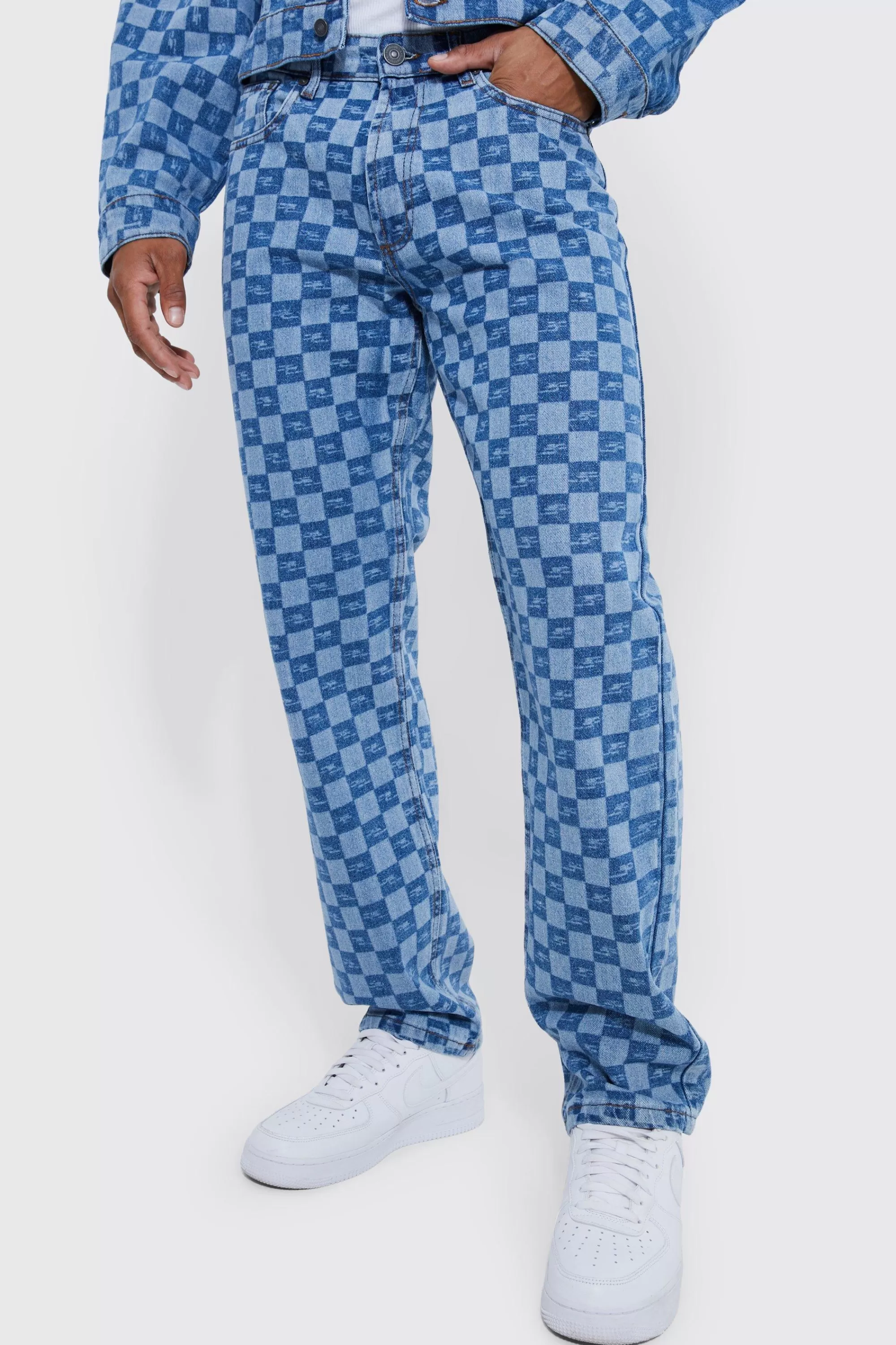 boohooMAN Checkerboard Laser Print Jacket And Jeans Set | UK