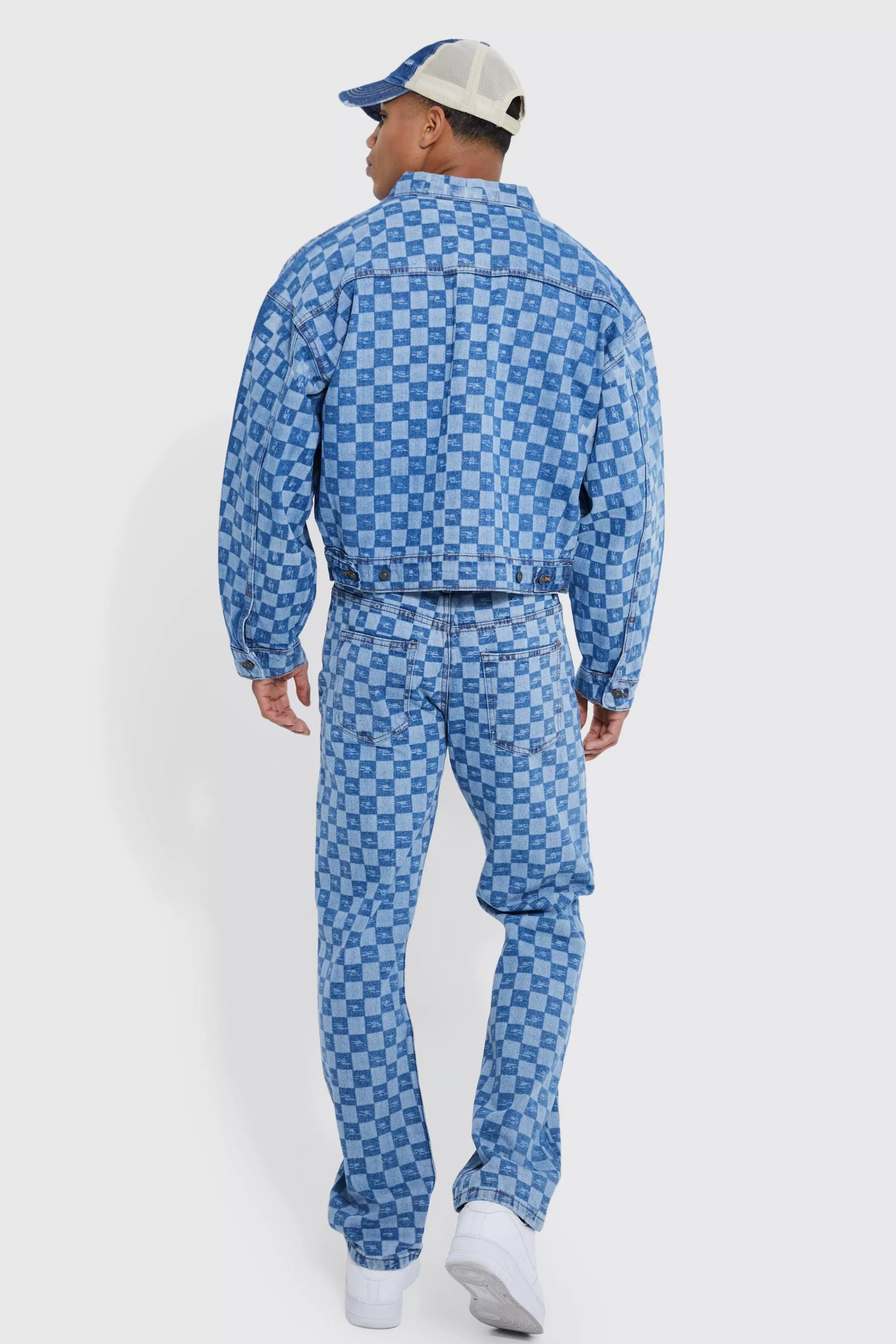 boohooMAN Checkerboard Laser Print Jacket And Jeans Set | UK