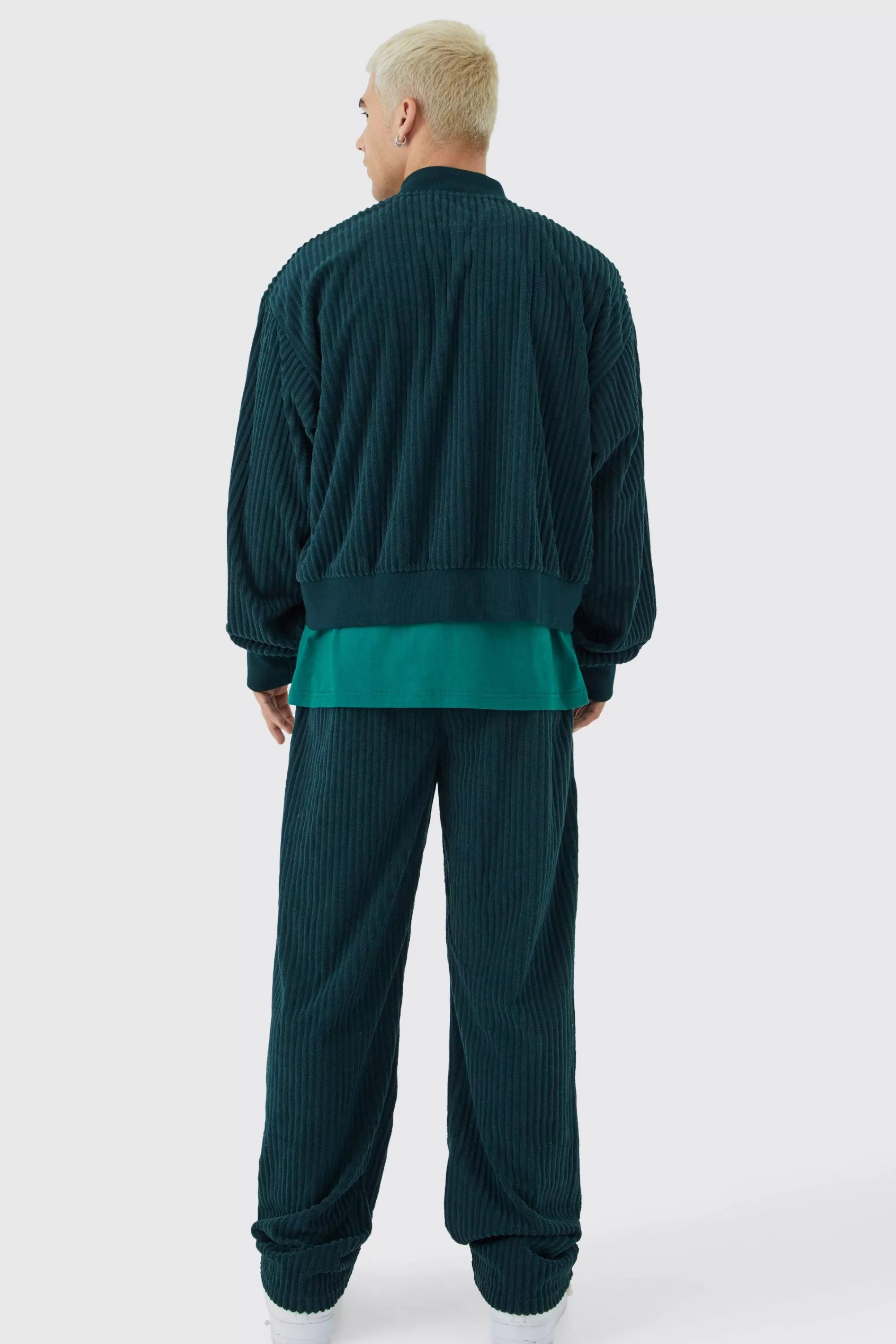 boohooMAN Chenille Rib Boxy Bomber Jacket & Relaxed Waist Trouser Set | UK