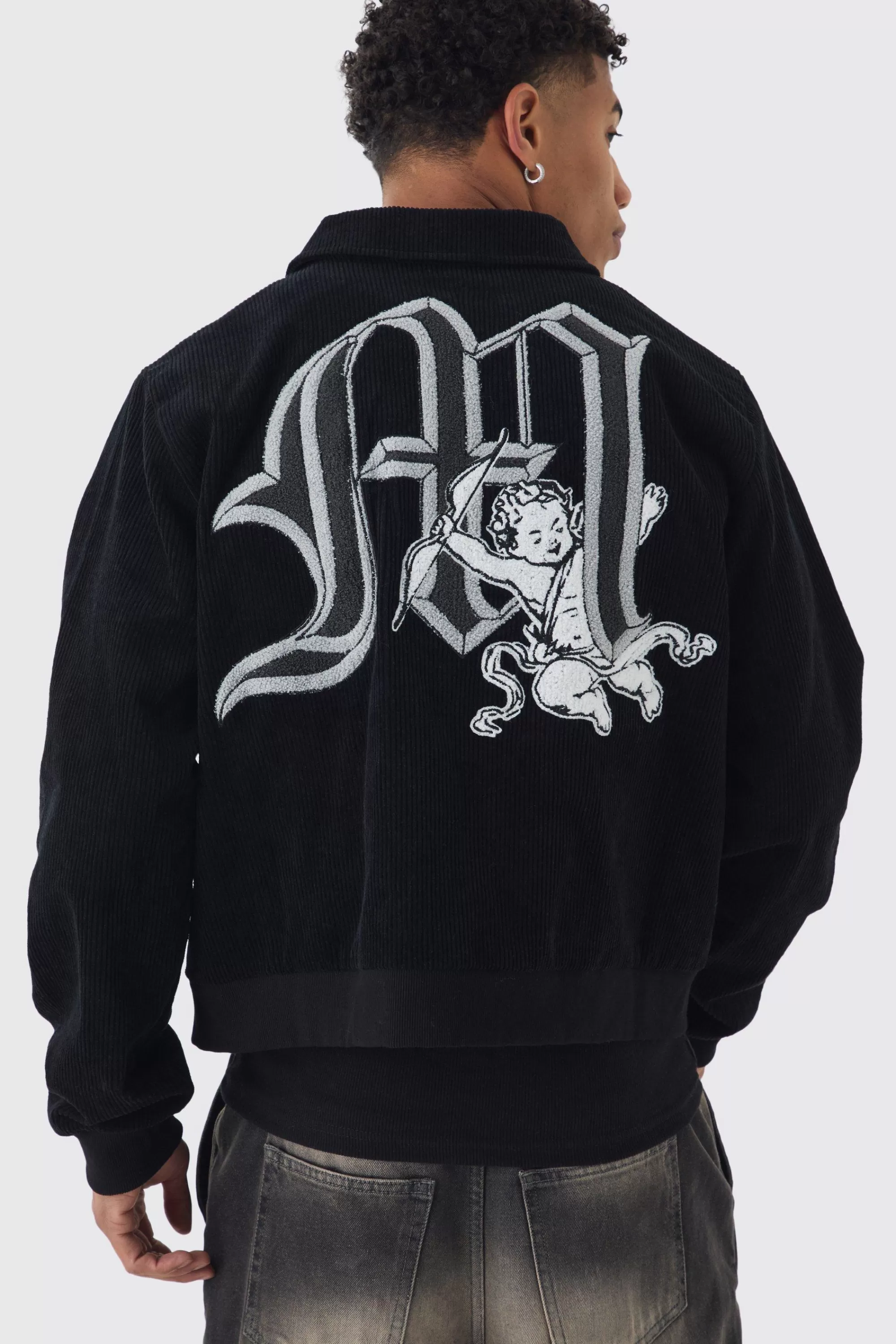 boohooMAN Cherub Badge Cord Zip Through Harrington In | UK