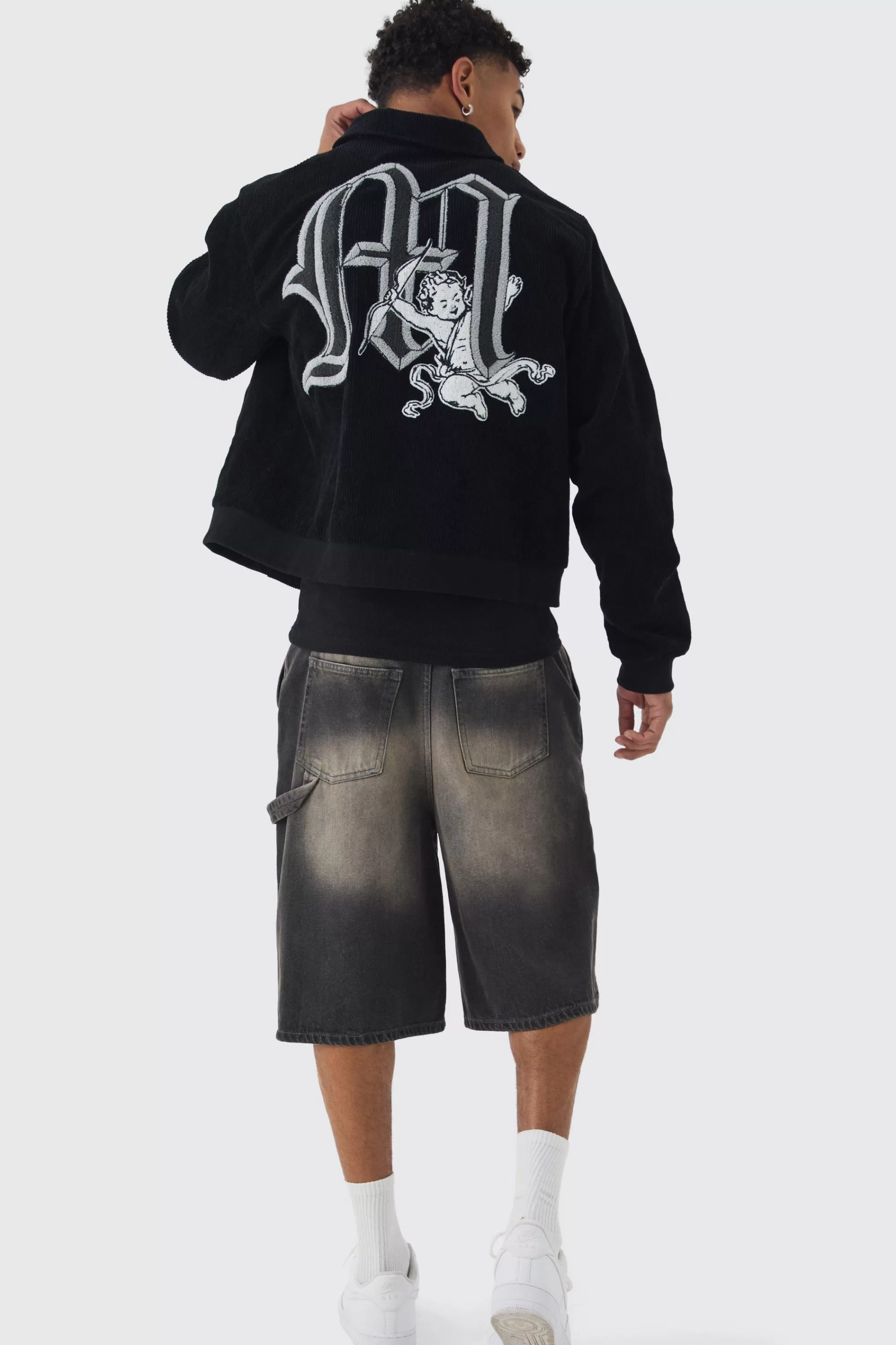 boohooMAN Cherub Badge Cord Zip Through Harrington In | UK