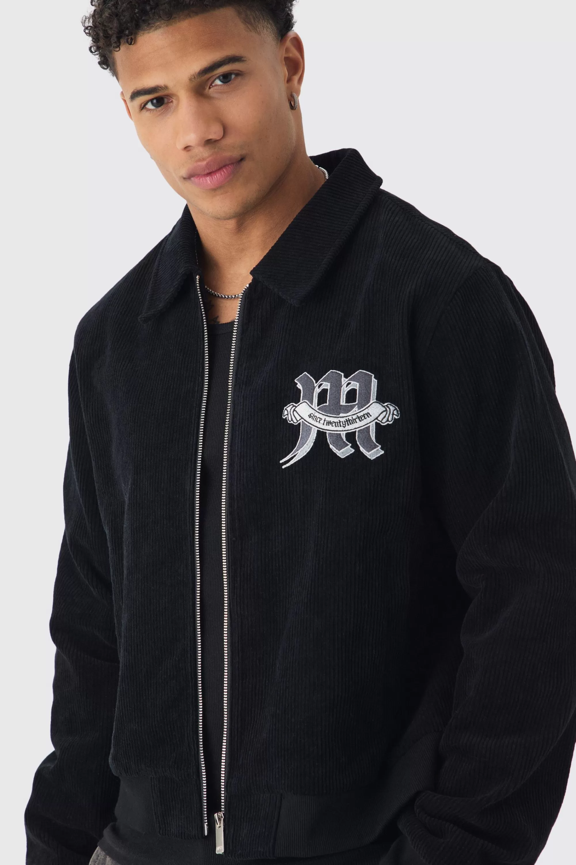 boohooMAN Cherub Badge Cord Zip Through Harrington In | UK