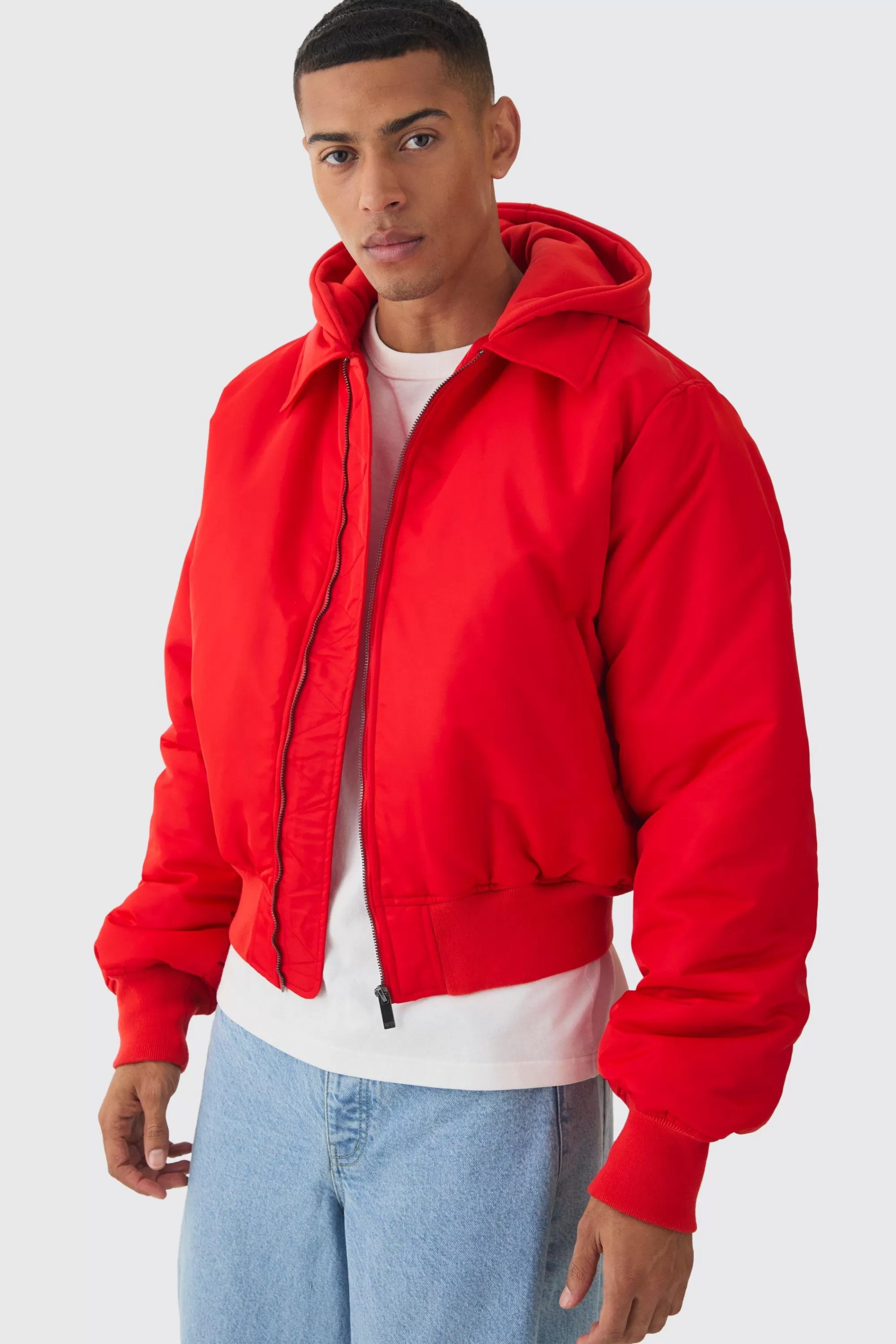 boohooMAN Colla Nylon Boxy Bomber With Jersey Hood In | UK