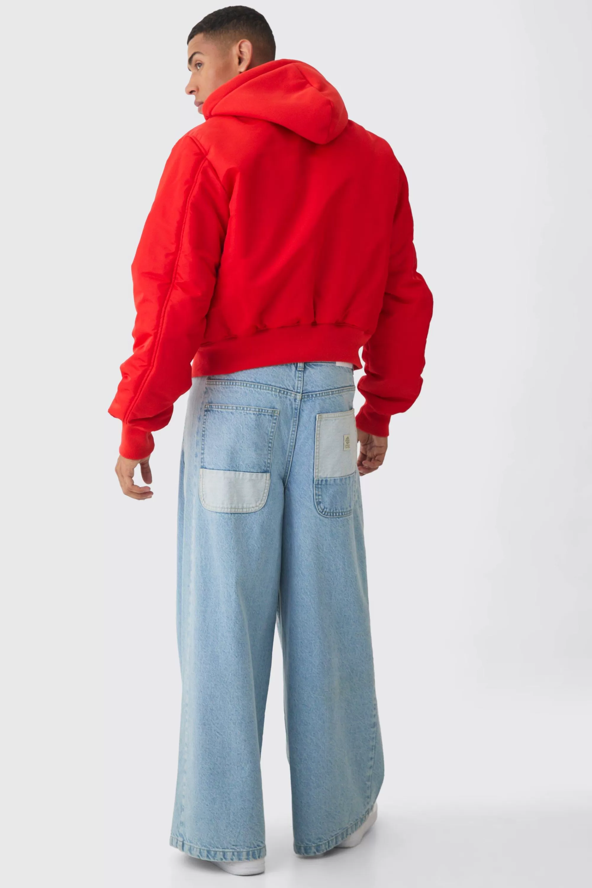 boohooMAN Colla Nylon Boxy Bomber With Jersey Hood In | UK