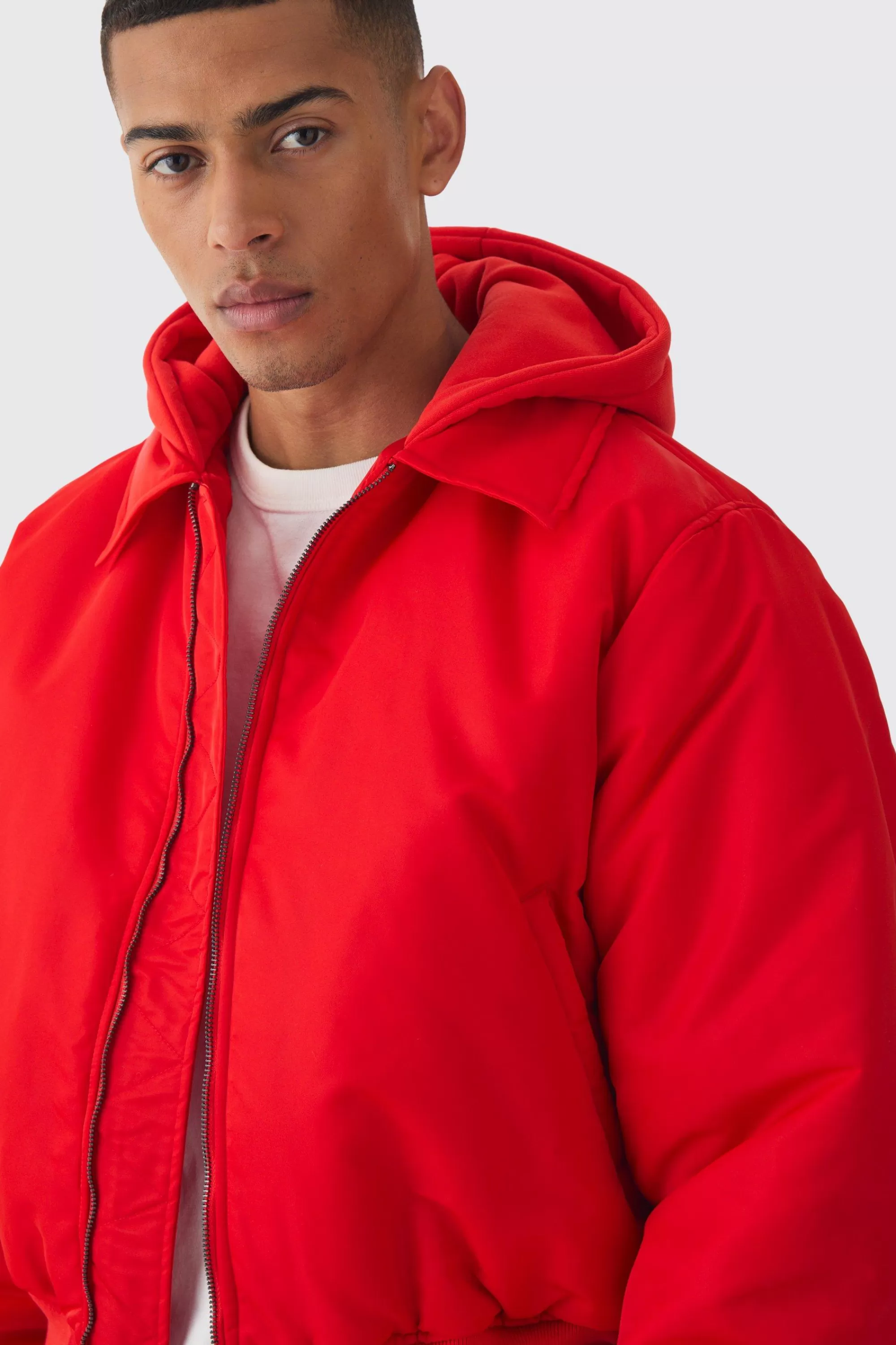 boohooMAN Colla Nylon Boxy Bomber With Jersey Hood In | UK