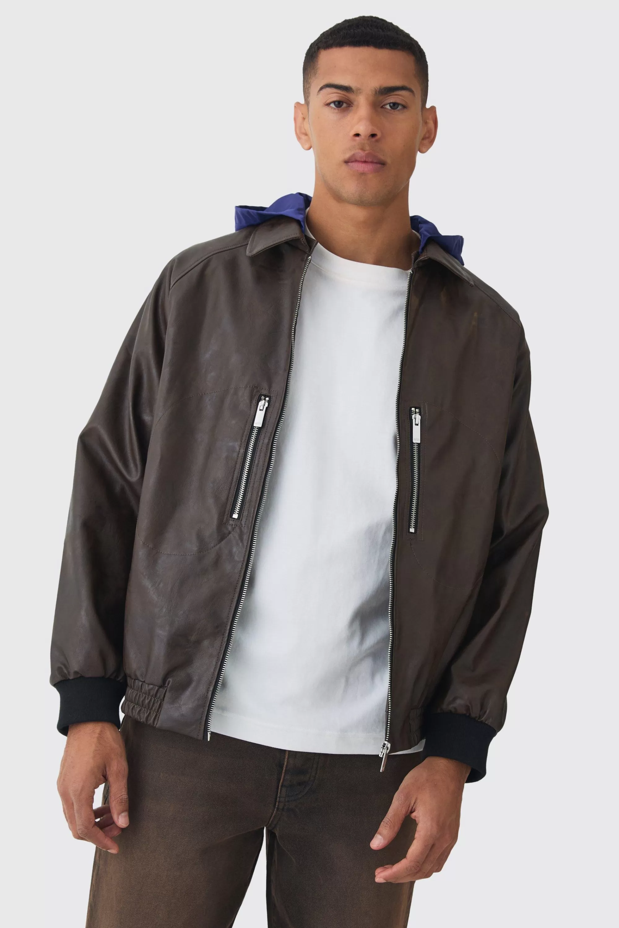 boohooMAN Collared Pu Bomber Jacket With Detachable Hood In | UK