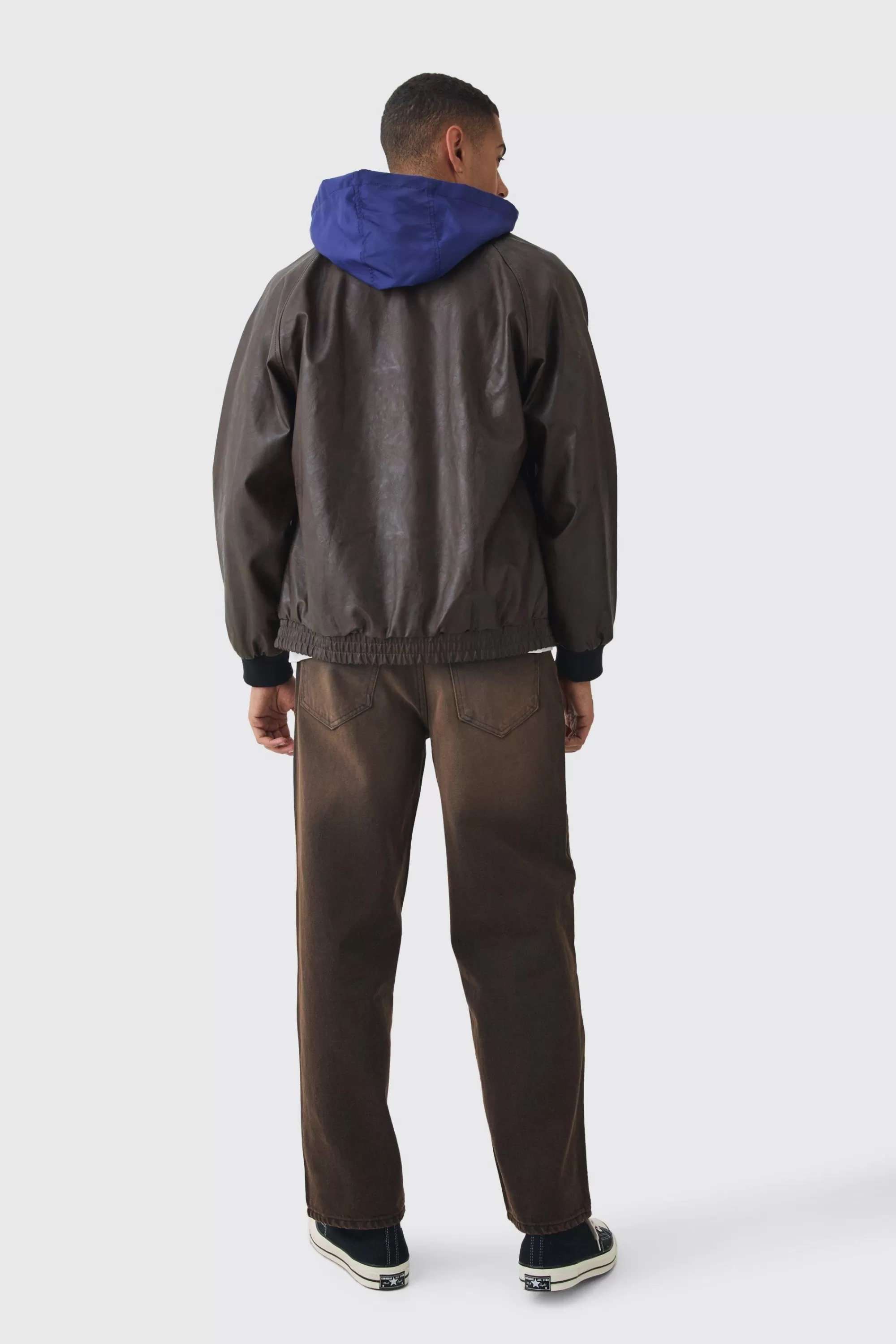 boohooMAN Collared Pu Bomber Jacket With Detachable Hood In | UK