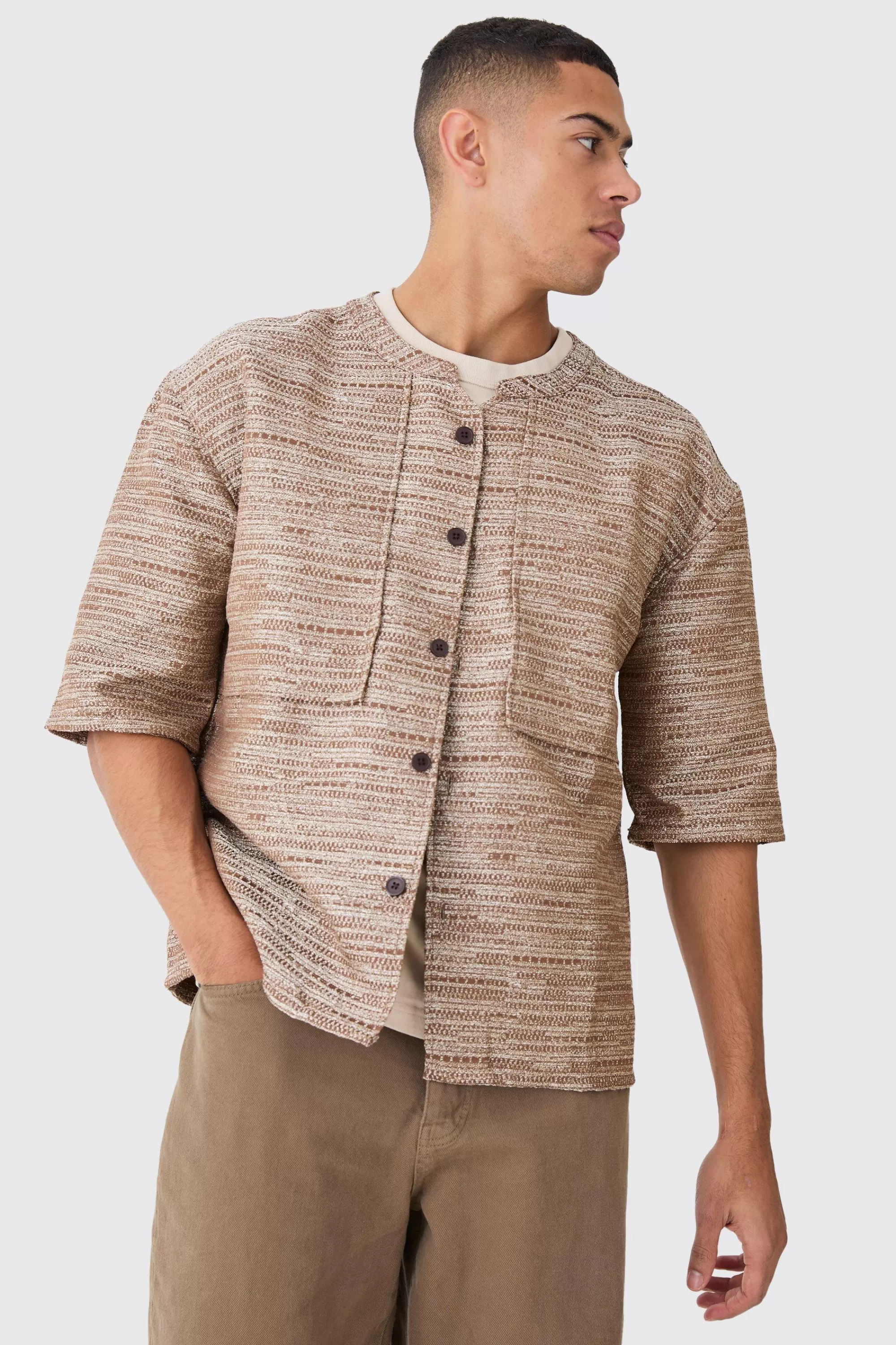 boohooMAN Collarless Drop Shoulder Oversized Boucle Shirt | UK