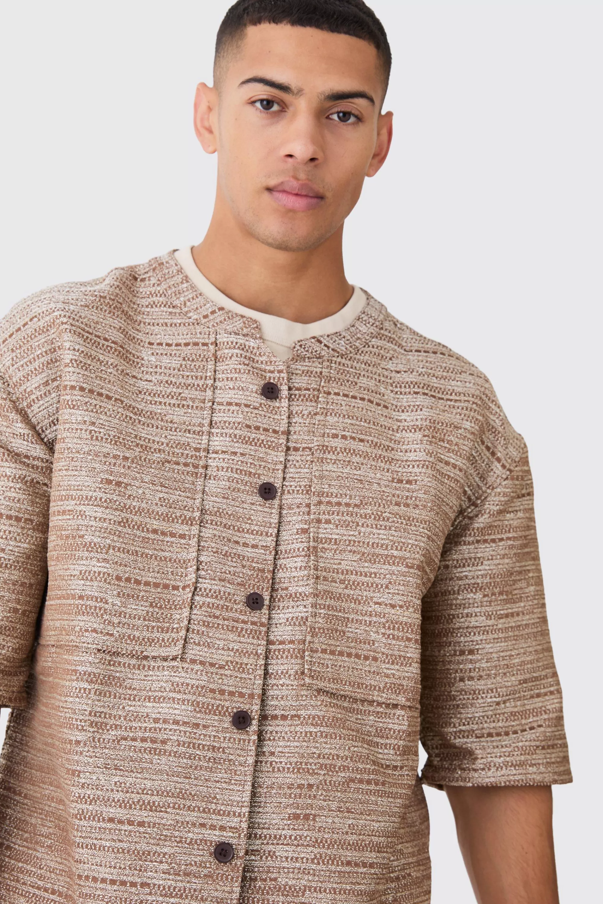 boohooMAN Collarless Drop Shoulder Oversized Boucle Shirt | UK
