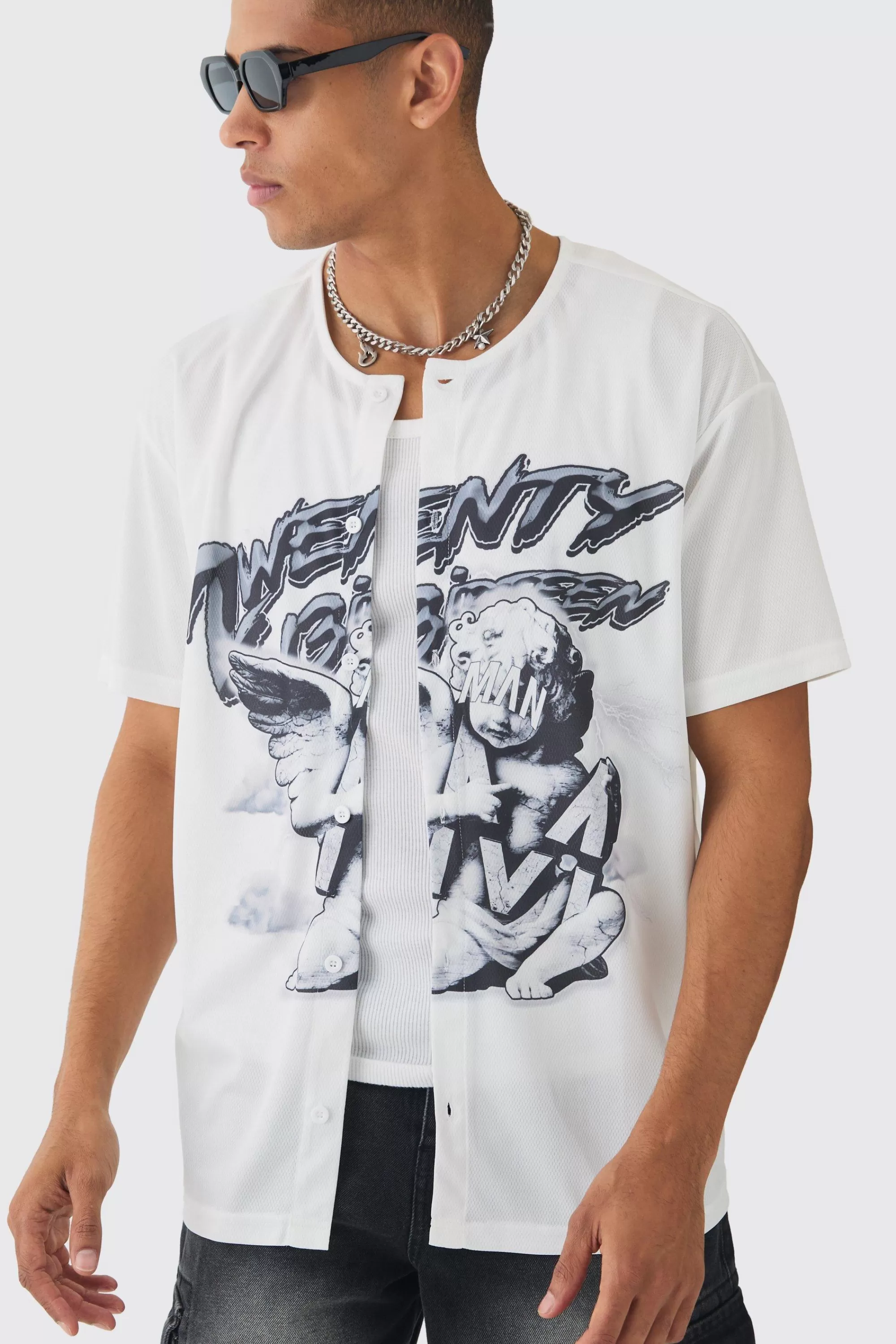 boohooMAN Collarless Mesh Twenty Shirt | UK