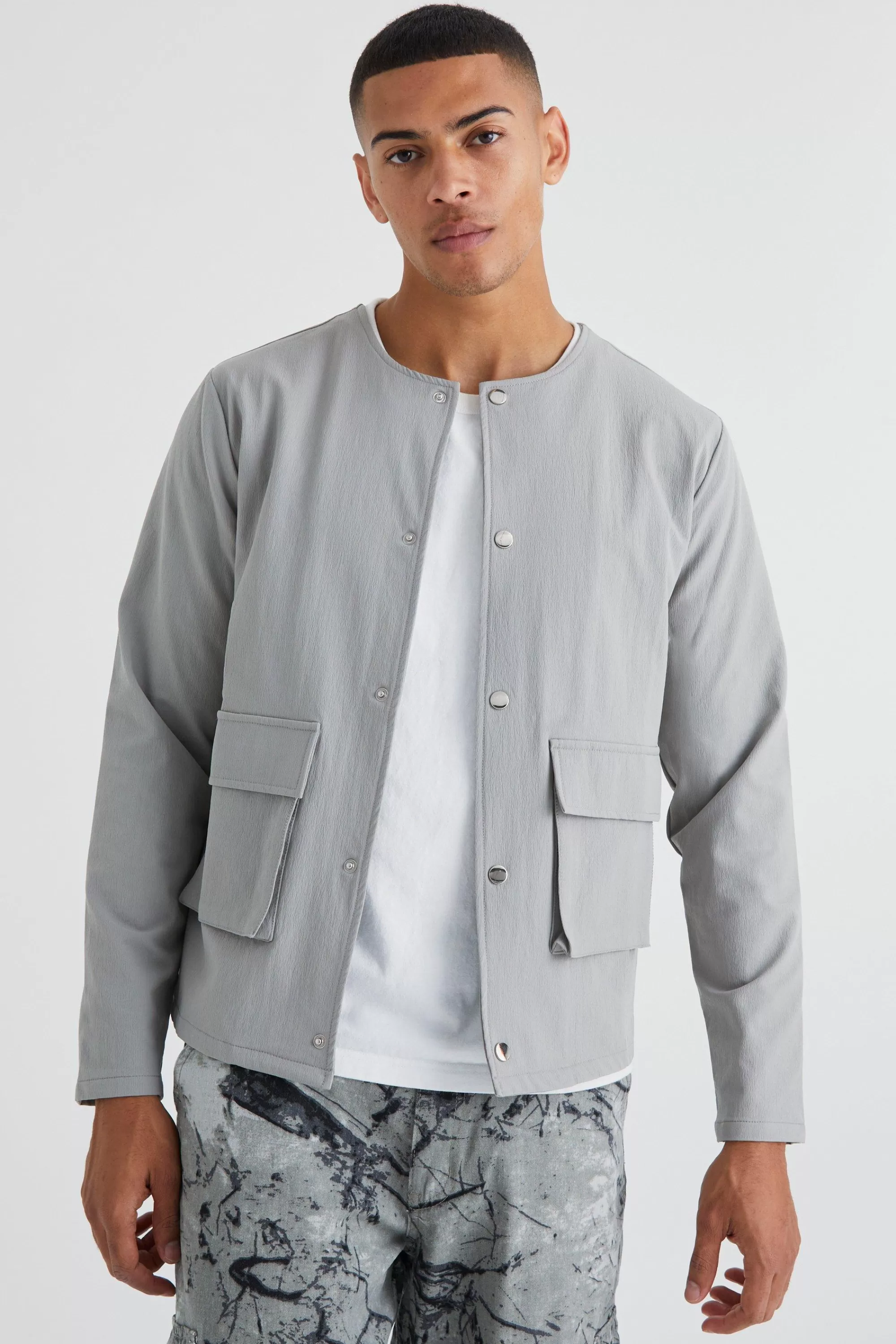boohooMAN Collarless Technical Stretch Bomber | UK