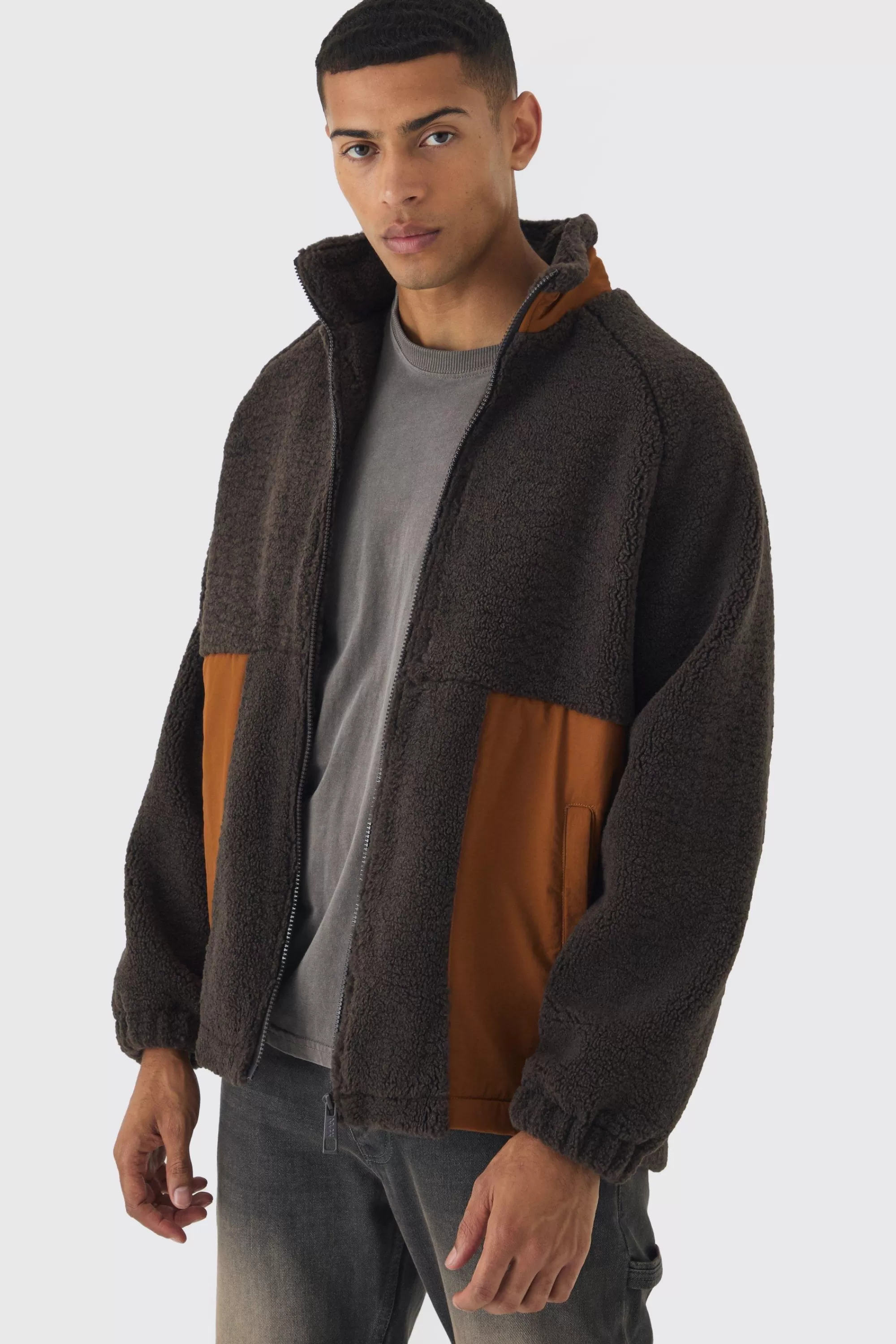 boohooMAN Colour Block Borg And Nylon Jacket In | UK