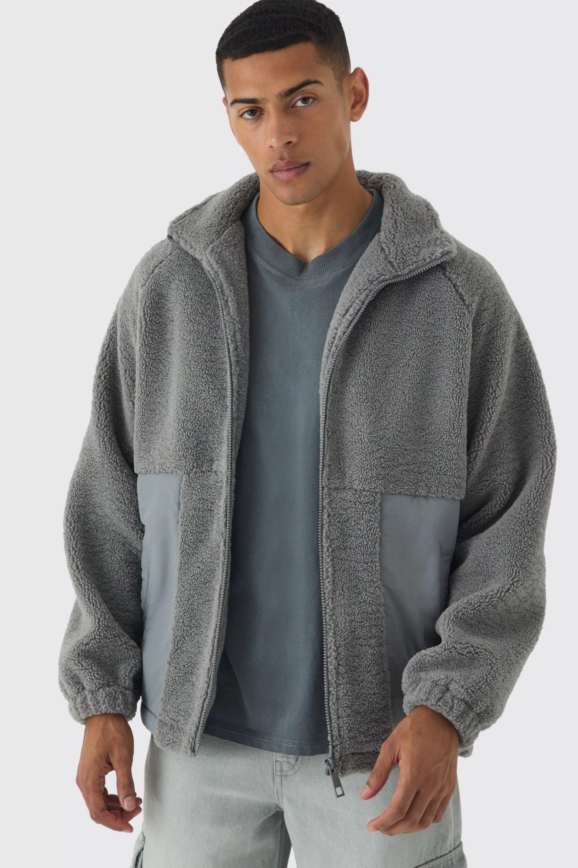 boohooMAN Colour Block Borg And Nylon Jacket In | UK