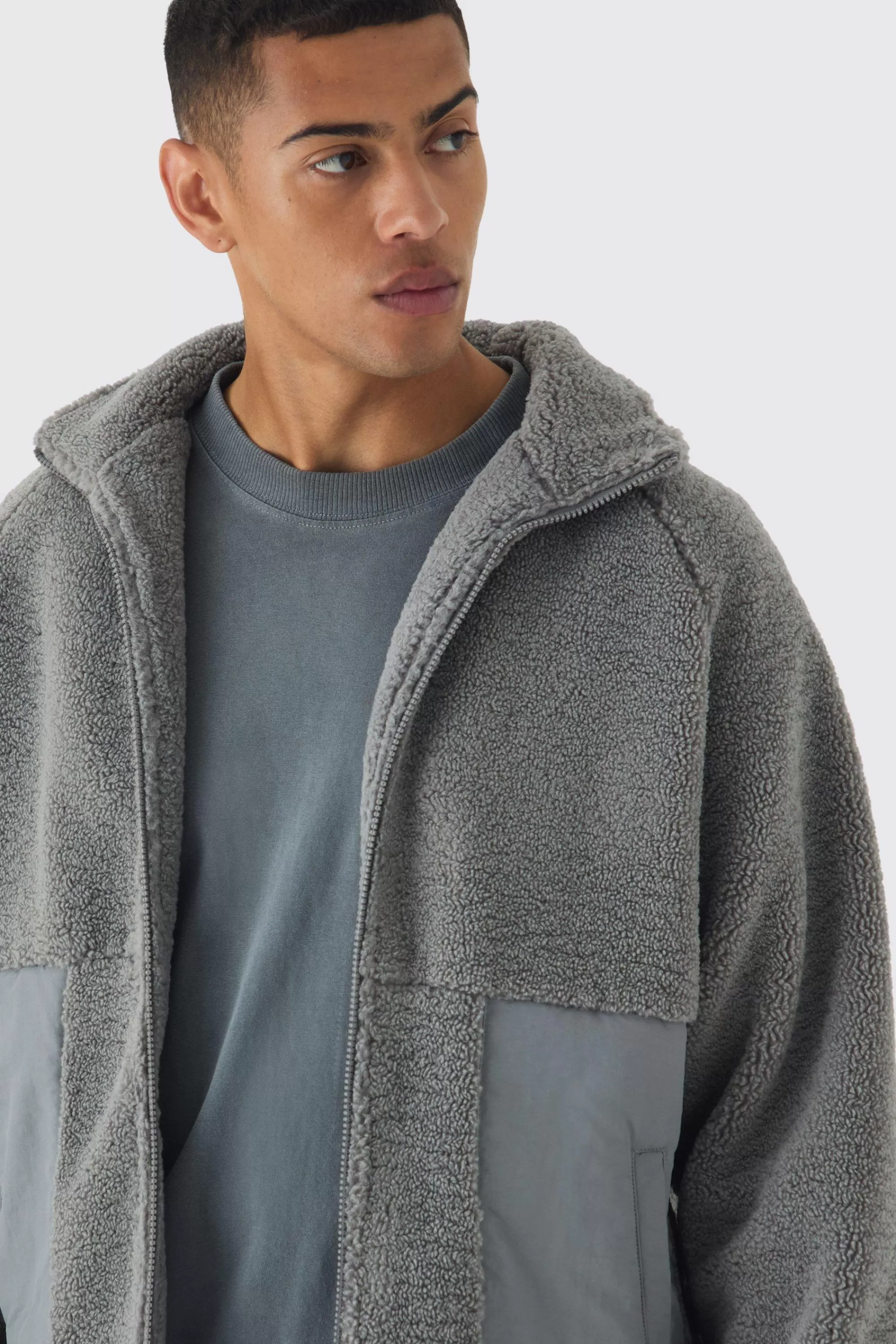 boohooMAN Colour Block Borg And Nylon Jacket In | UK