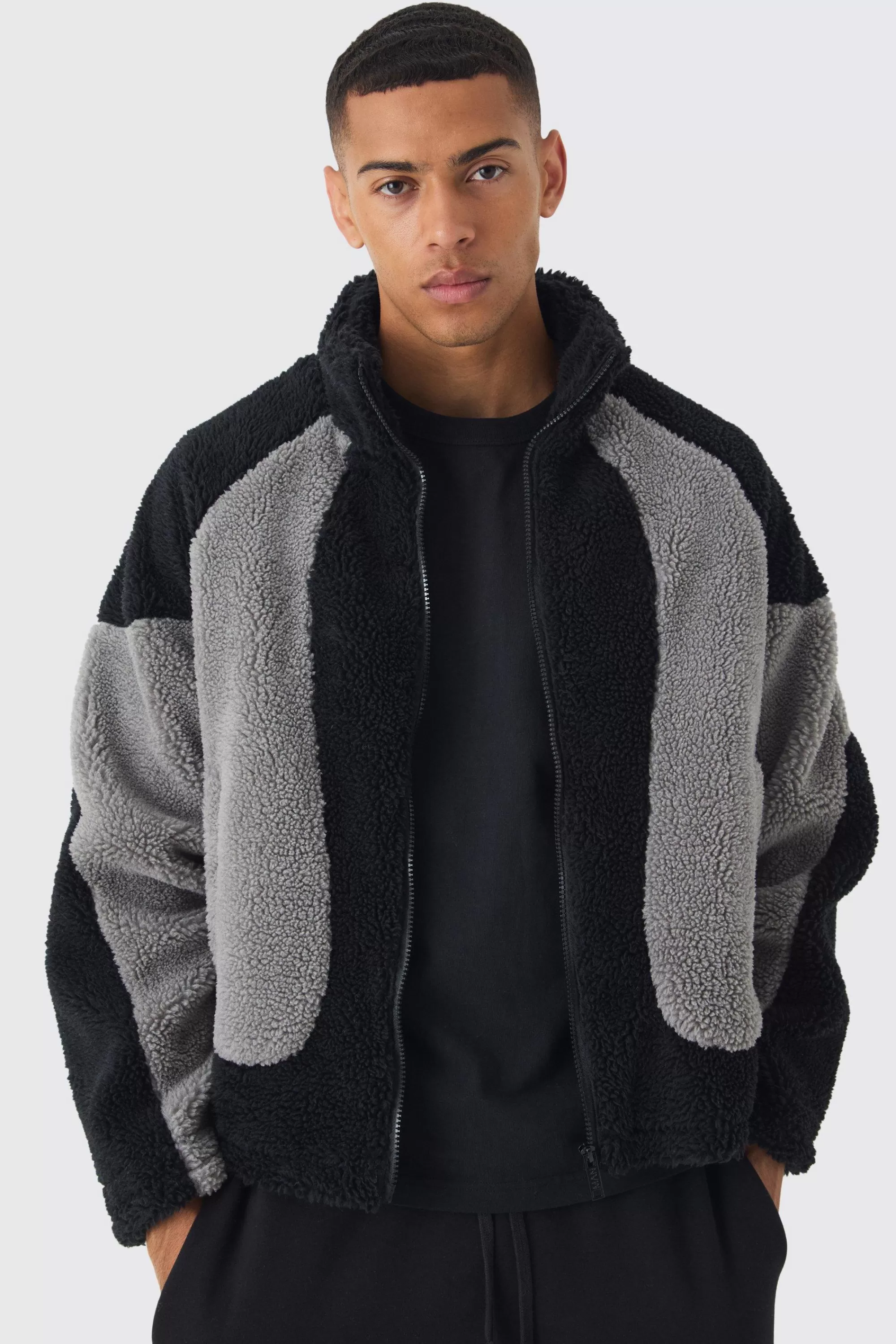 boohooMAN Colour Block Borg Jacket In | UK