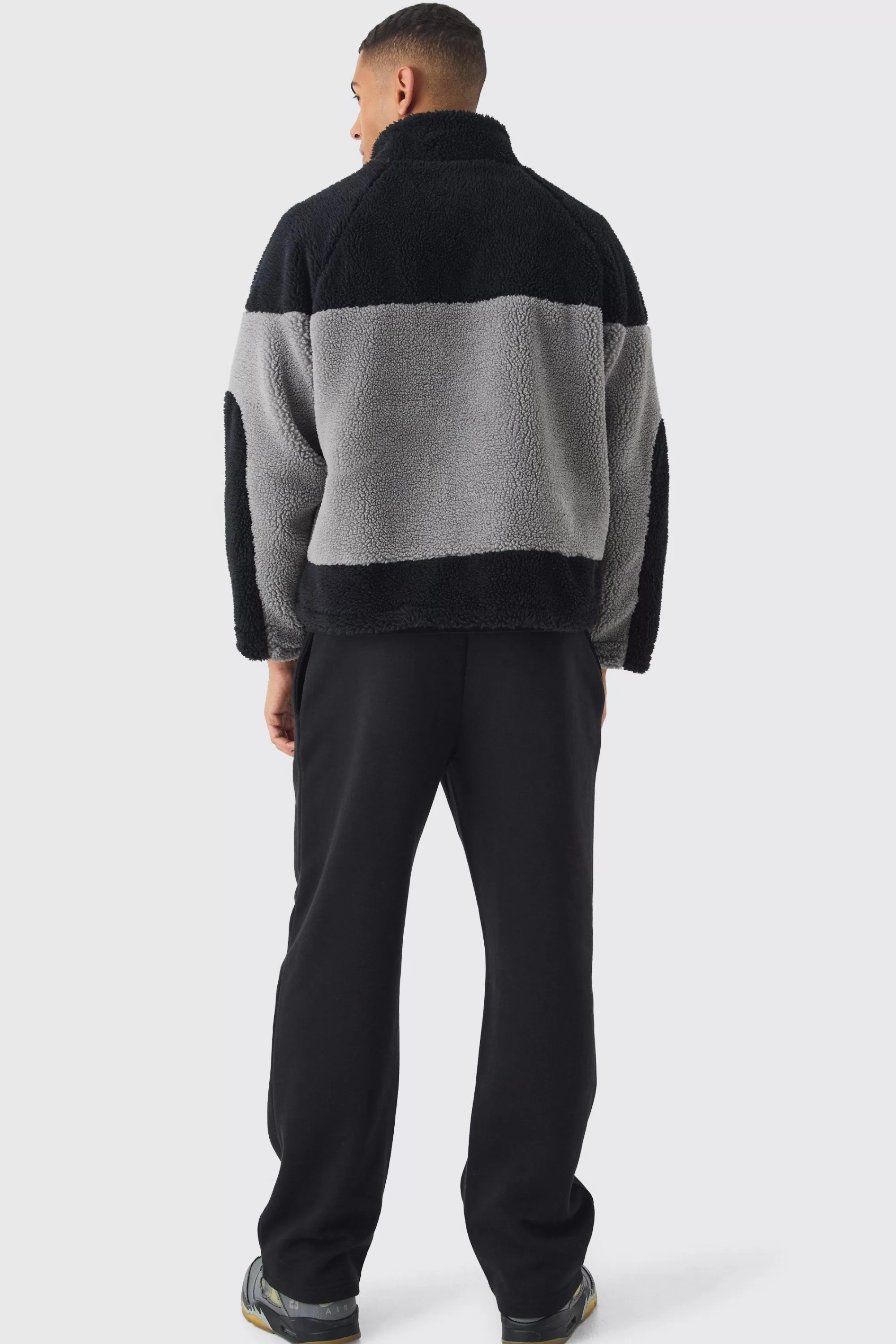 boohooMAN Colour Block Borg Jacket In | UK