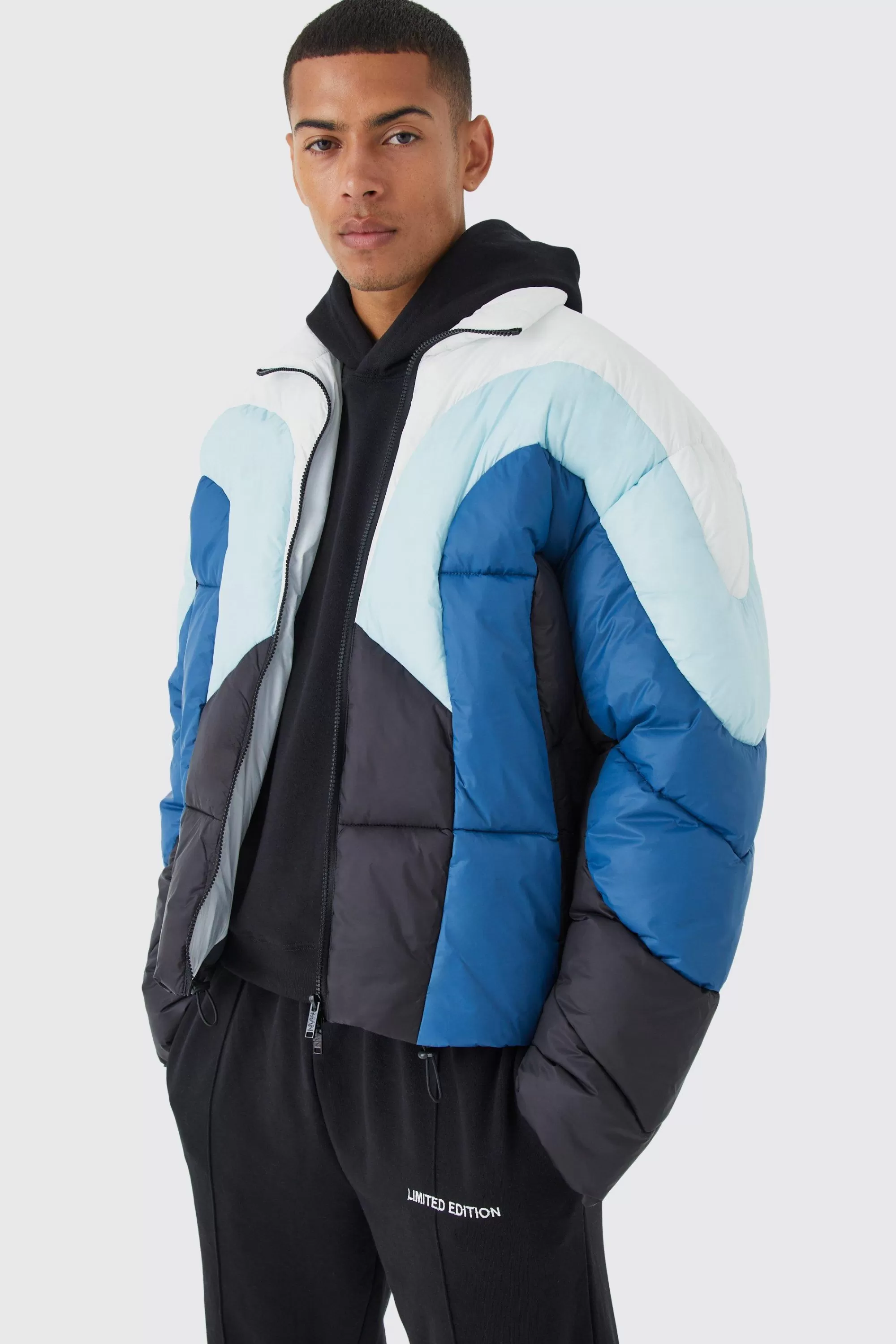 boohooMAN Colour Block Curved Panel Puffer | UK