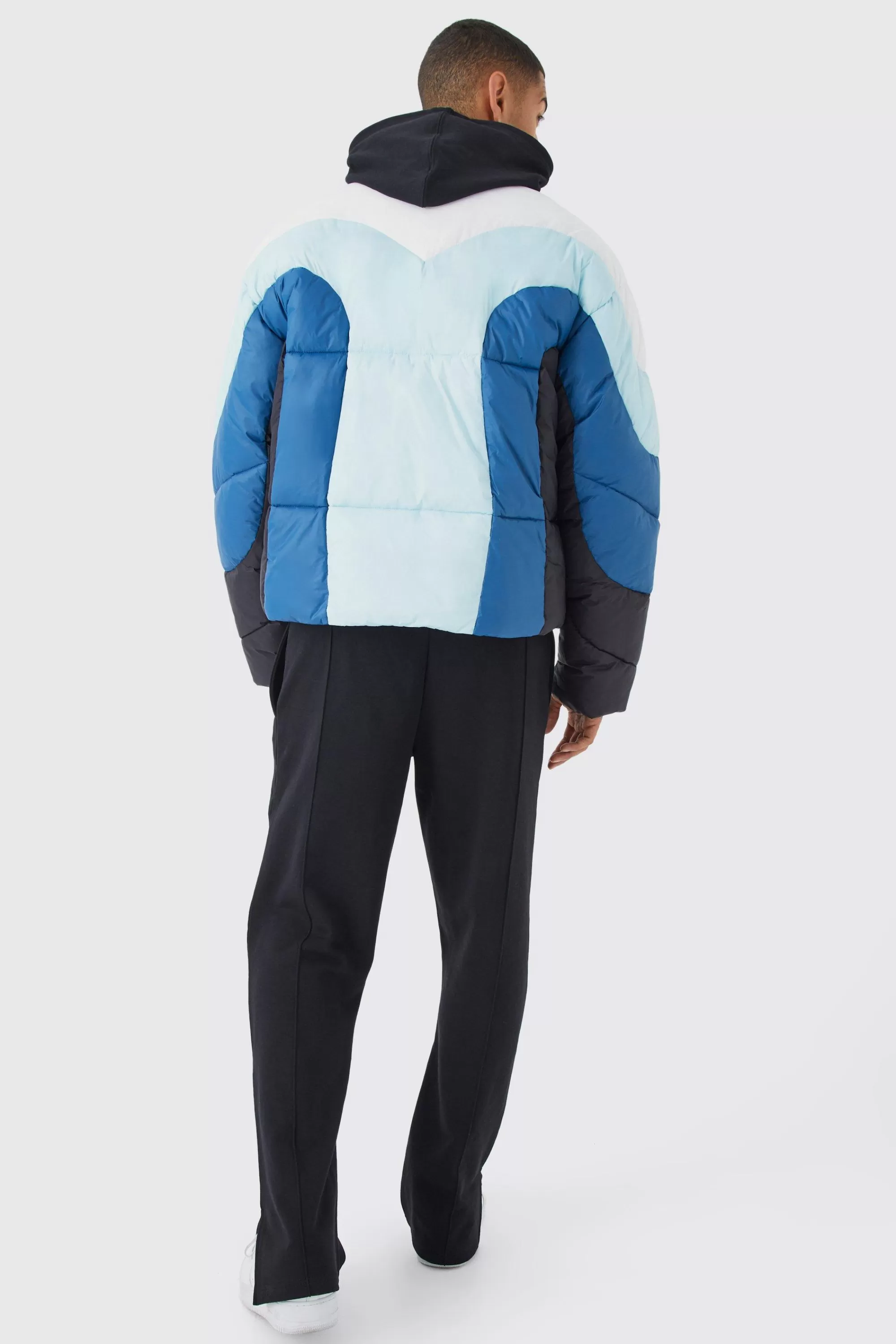 boohooMAN Colour Block Curved Panel Puffer | UK